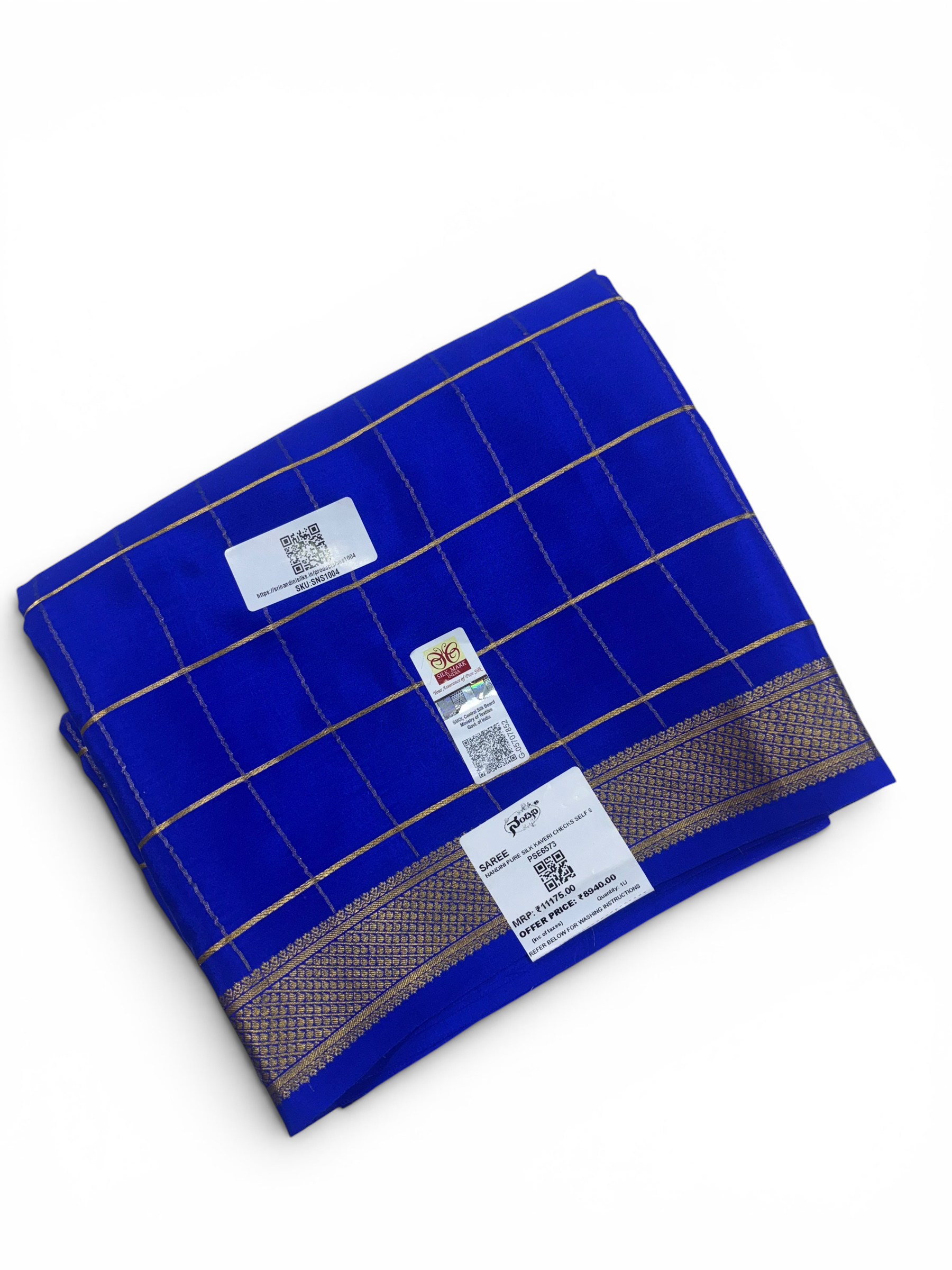 Pure Crepe Silk Royal Blue Self Chex Saree w/ Silk Mark