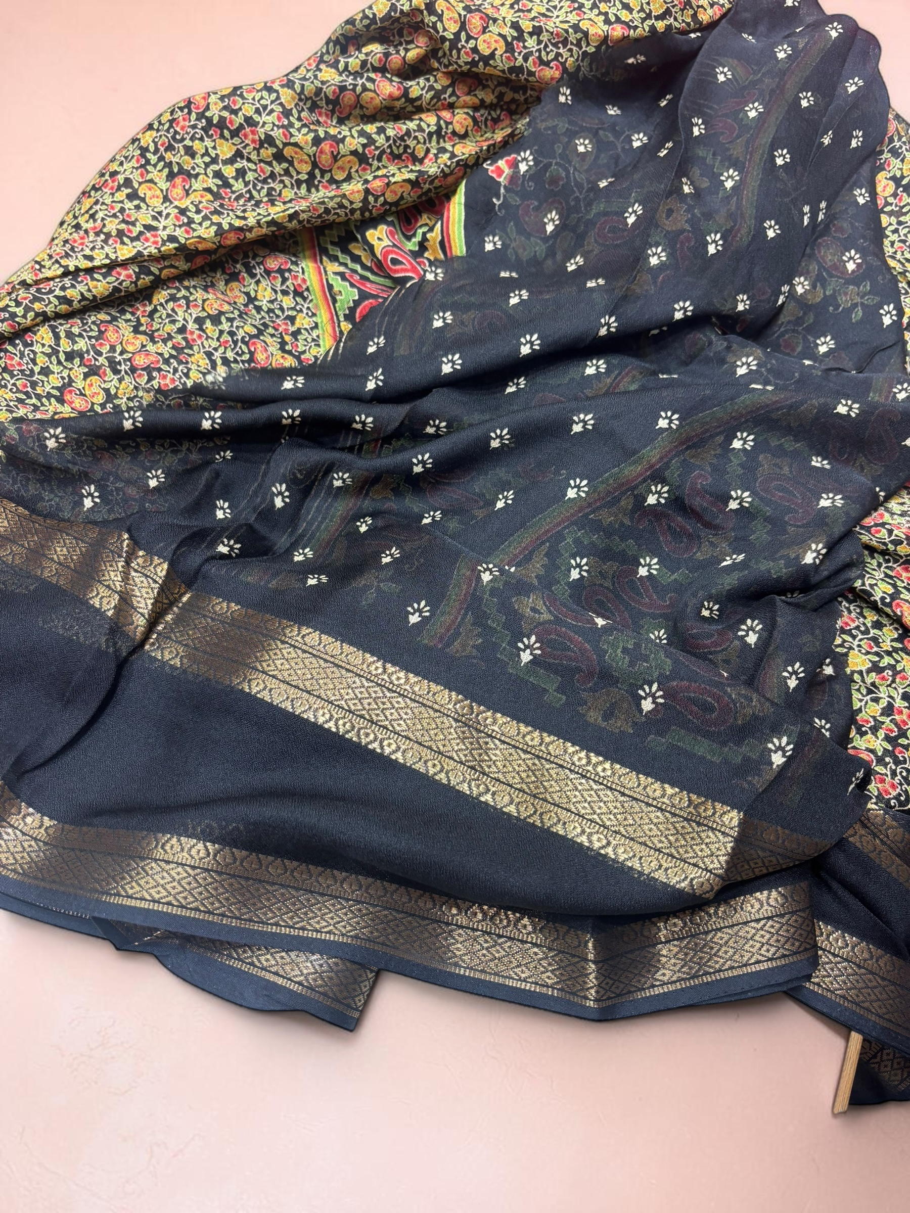 Flower Print Black Fancy Saree (NHM7050)