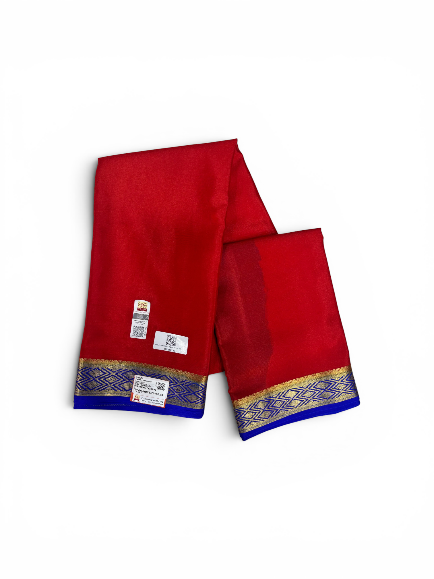 Pure Crepe Silk Red & Royal Blue Contrast Saree w/ Silk Mark