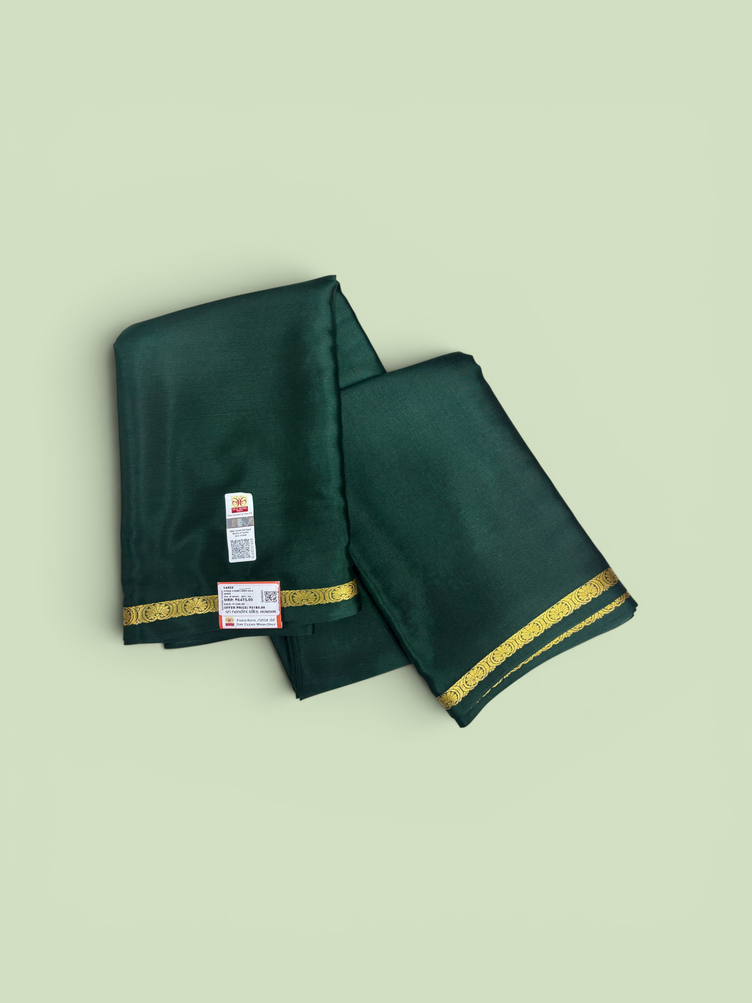 Pure Crepe Silk Green Saree with Ornate Border w/ Silk Mark