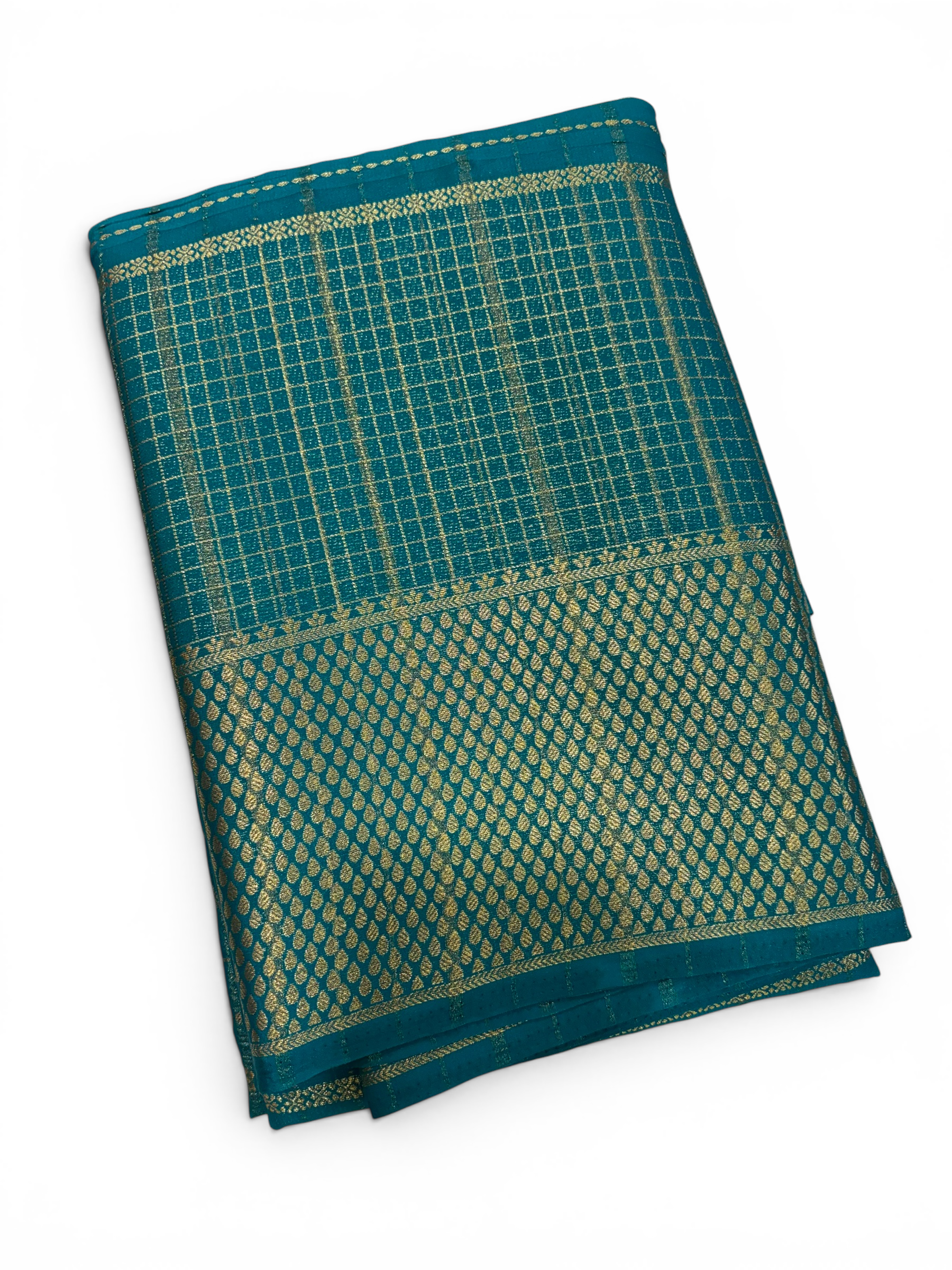 Premium Crepe Silk Self Teal Blue Chex Saree (SMI6941_2)