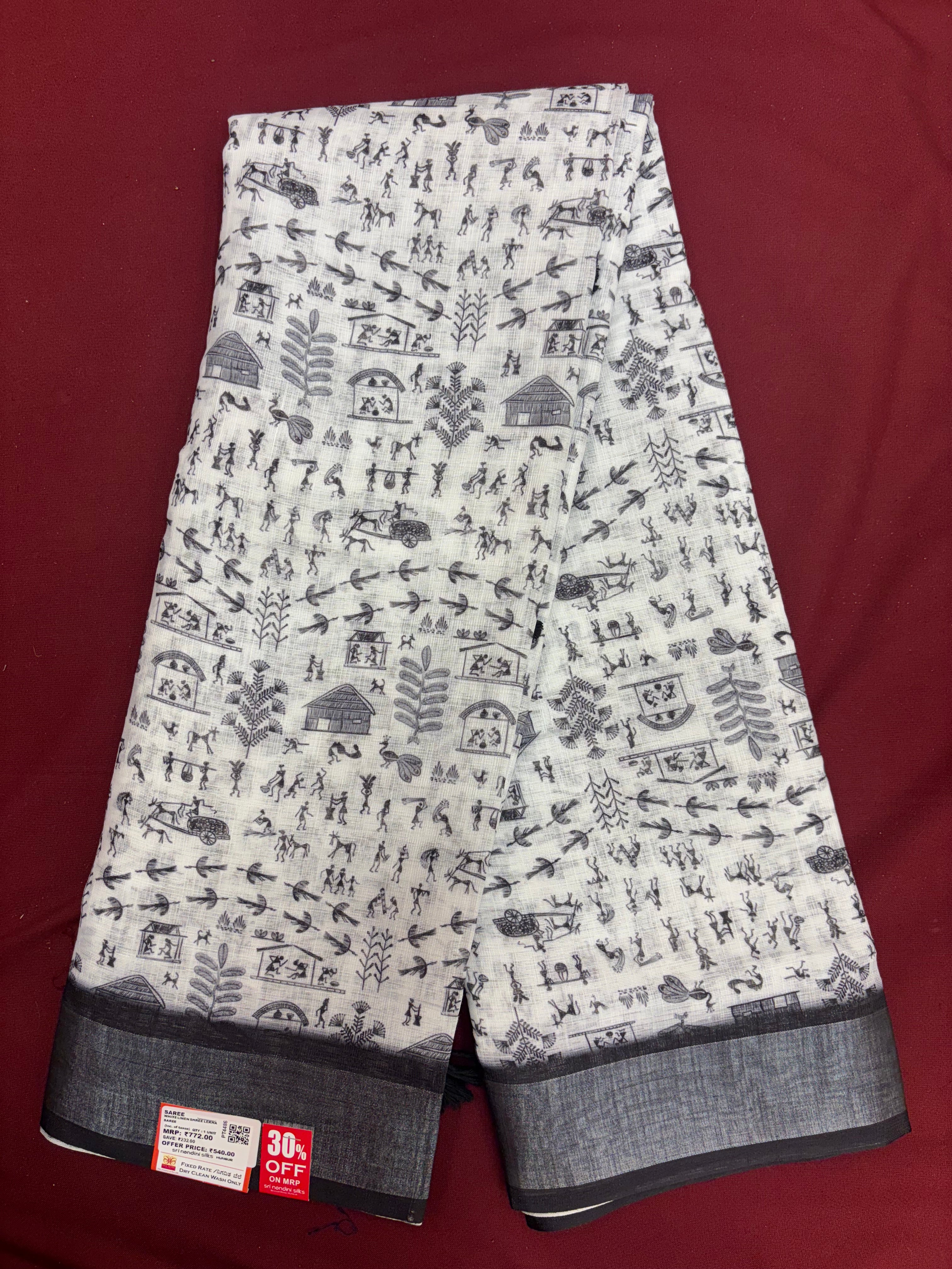 White Cotton Linen Lekha Sri Printed Saree (PT4486)