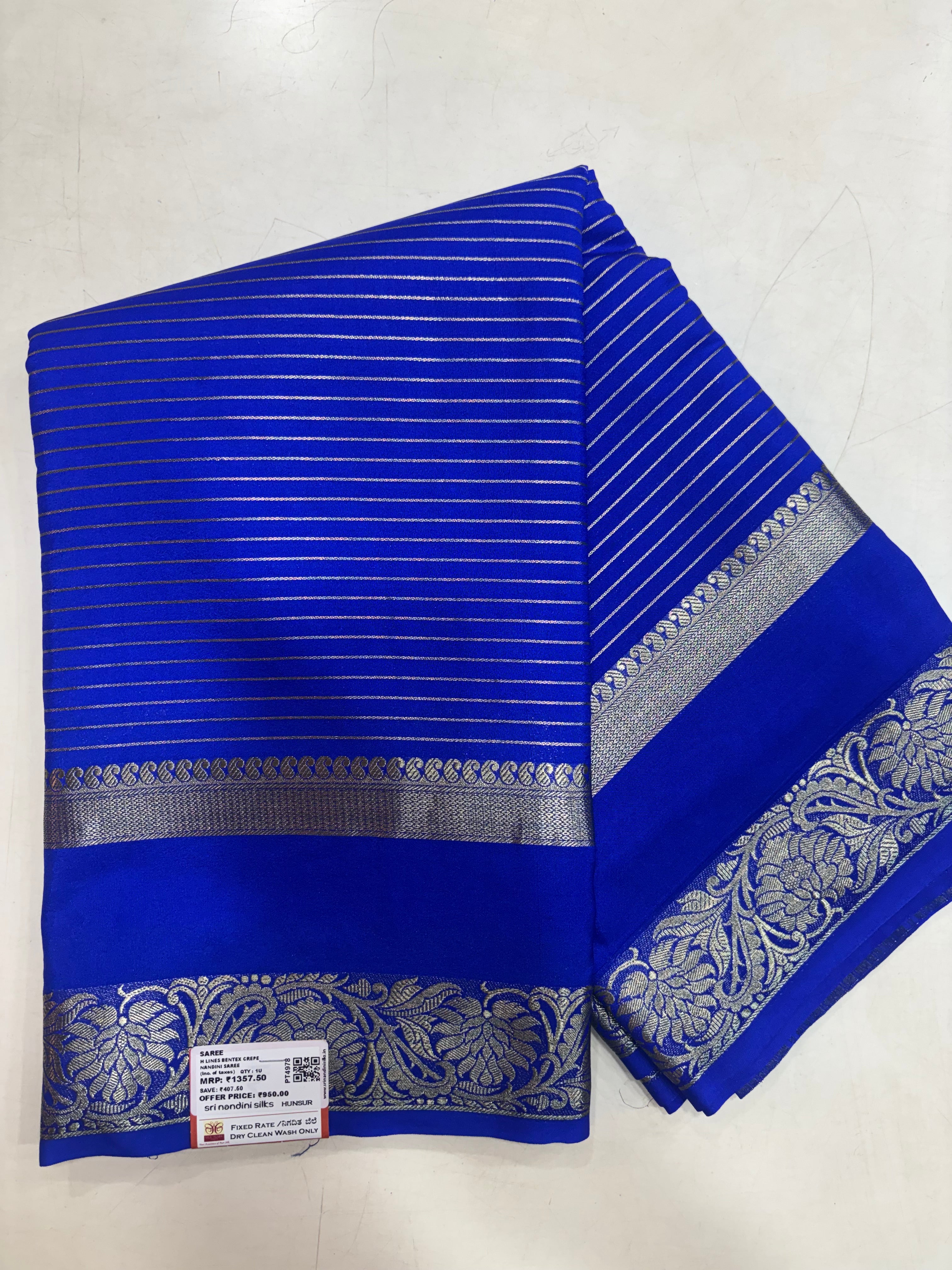 Royal Blue Horizontal Lines Semi Crepe Silk Saree (PT4978)