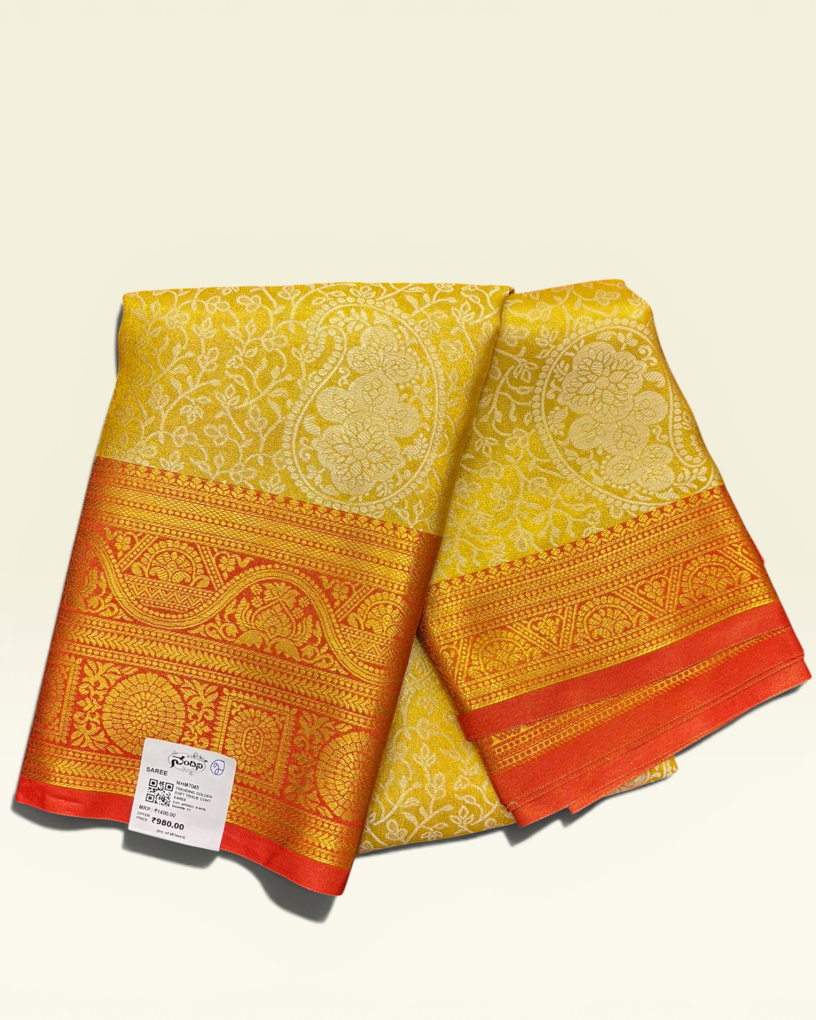 Trending Golden Soft Tissue with Contrast Red Border Saree (NHM7045_2)