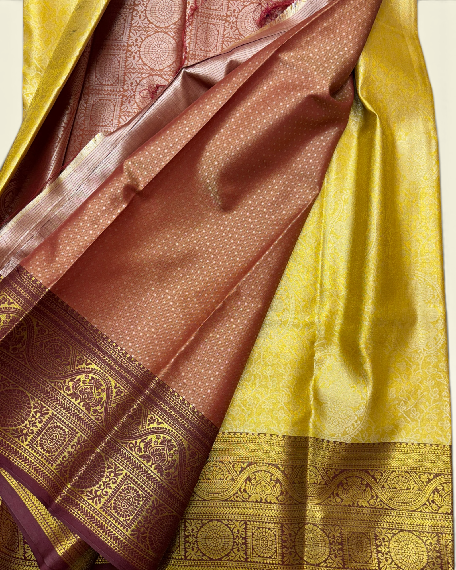 Trending Golden Soft Tissue with Contrast Maroon Border Saree (NHM7045_6)