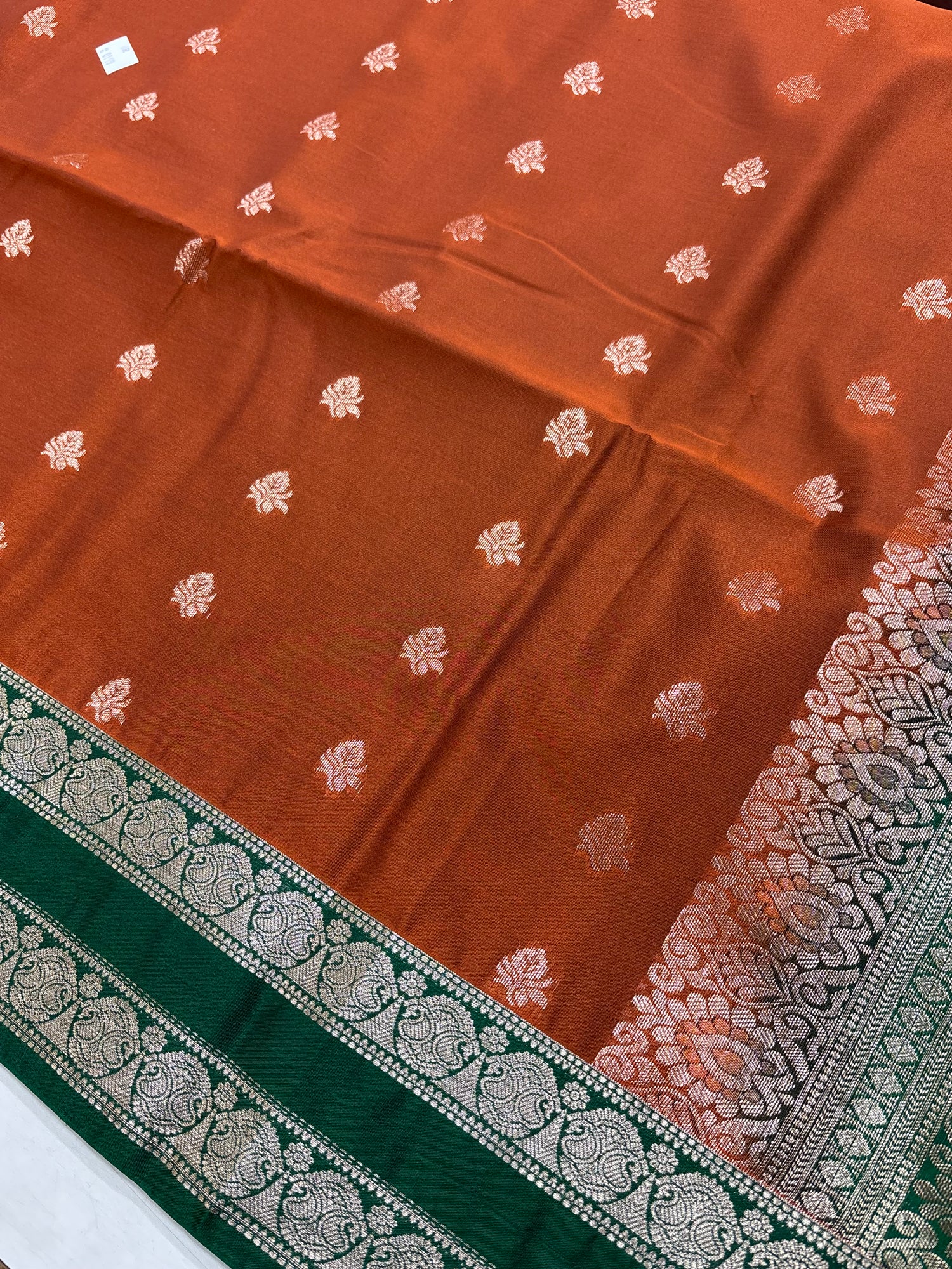 Rust Orange &amp; Green Sift Semi Silk Saree (SMS5607)