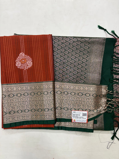 Rust Orange &amp; Green Sift Semi Silk Saree (SMS5602)