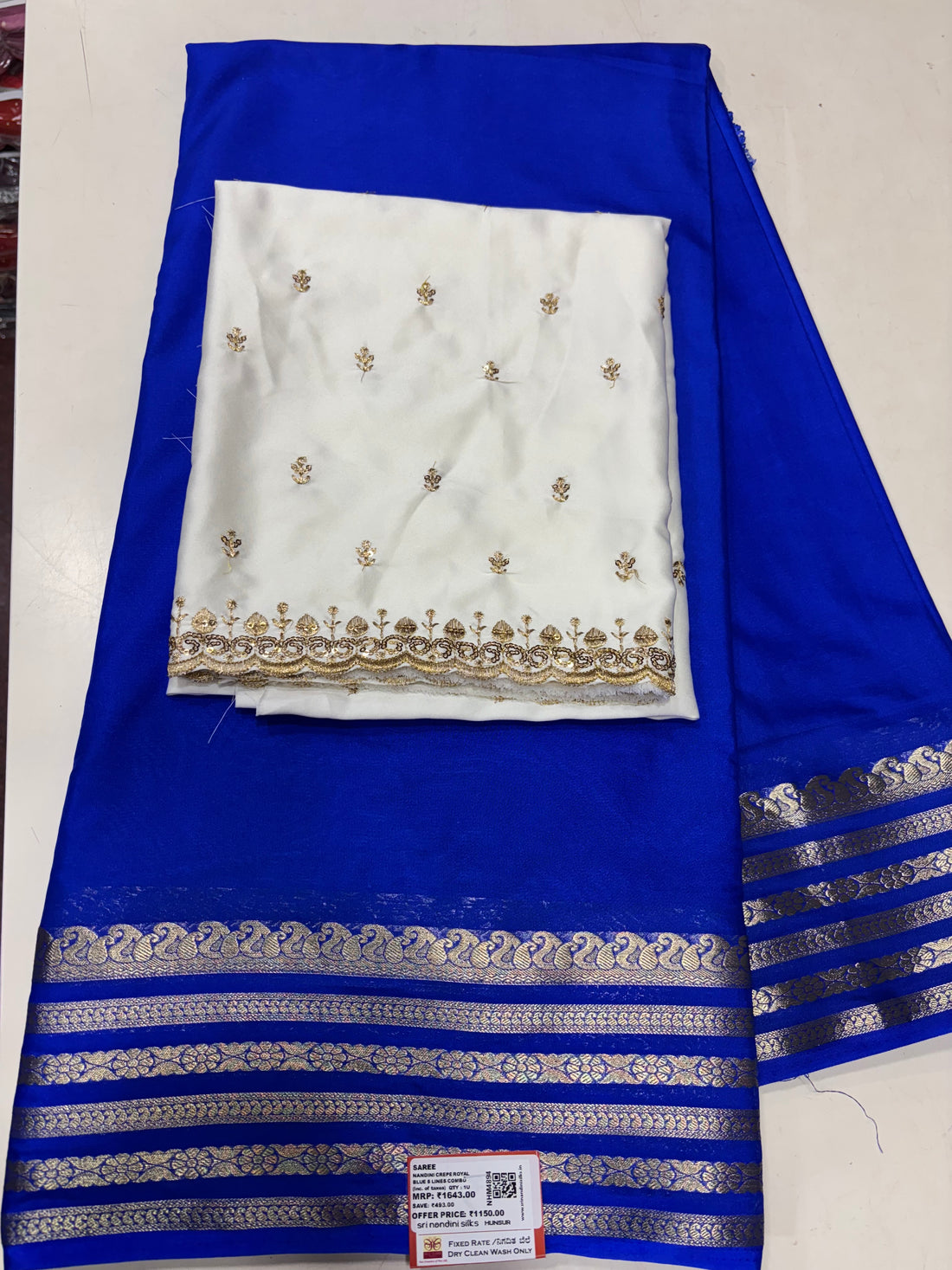 Nandini Crepe Royal Blue 6 Lines Combo Saree (NHM4894)