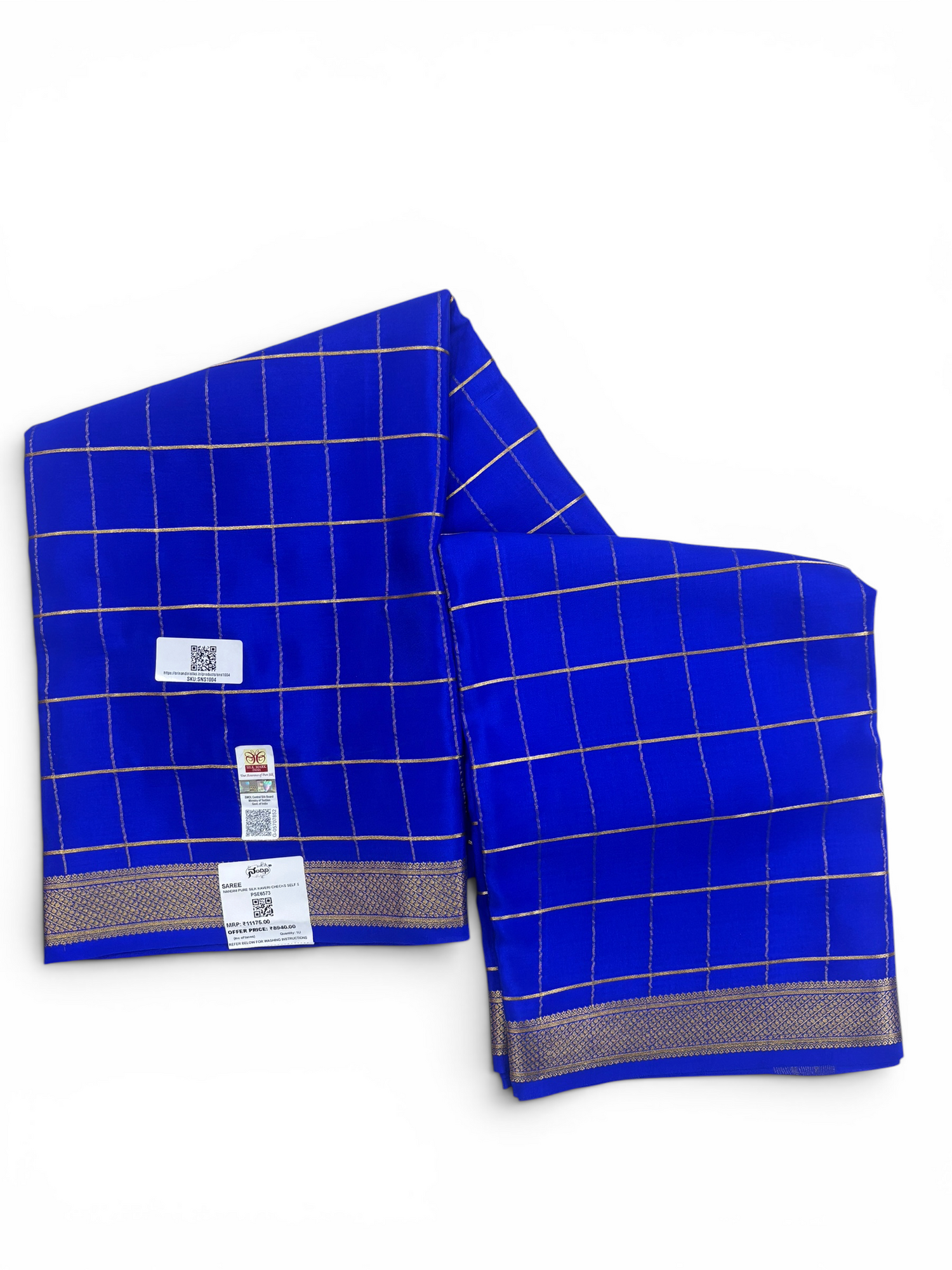 Pure Crepe Silk Royal Blue Self Chex Saree w/  Silk Mark