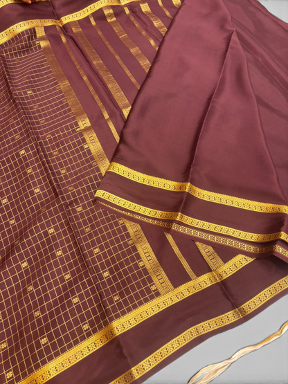 Pure Crepe Silk Chex Brown Saree with Bentex Border w/  Silk Mark (PSE6958)