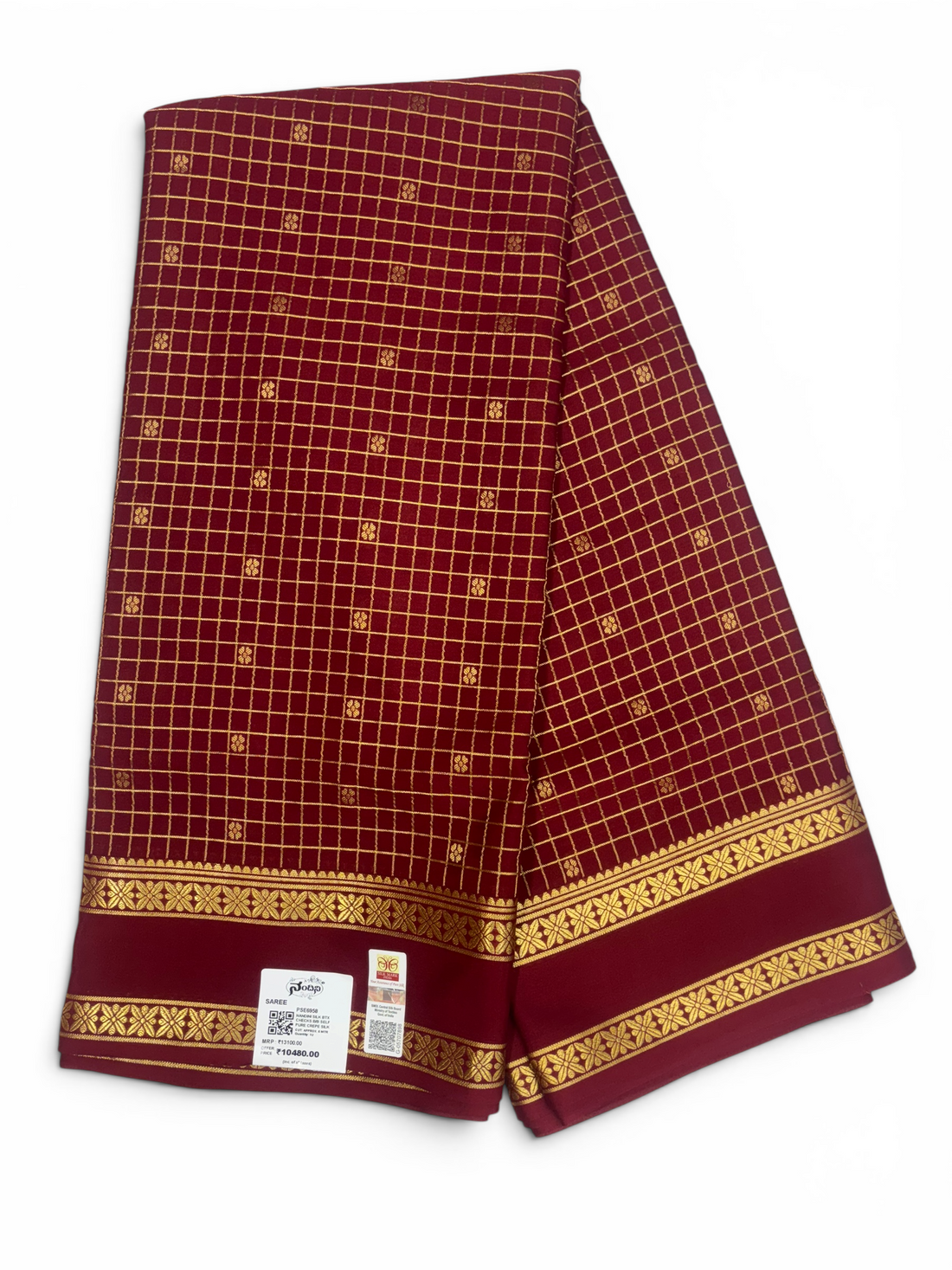 Pure Crepe Silk Chex Maroon Saree with Bentex Border w/  Silk Mark (PSE6958)