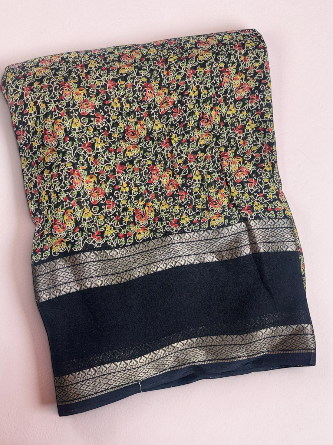 Flower Print Black Fancy Saree (NHM7050)