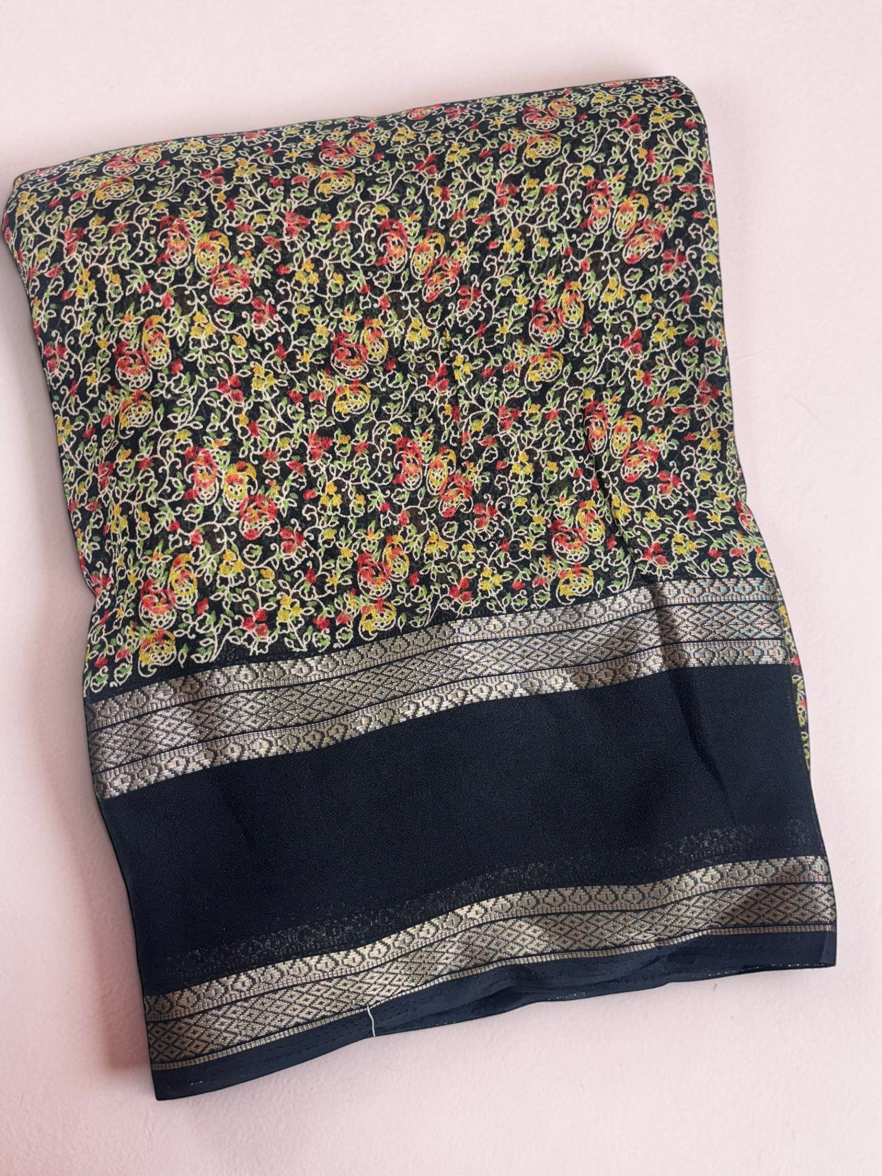 Flower Print Black Fancy Saree (NHM7050)