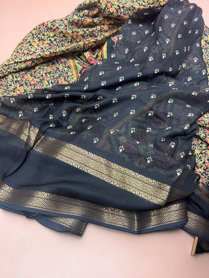Flower Print Black Fancy Saree (NHM7050)