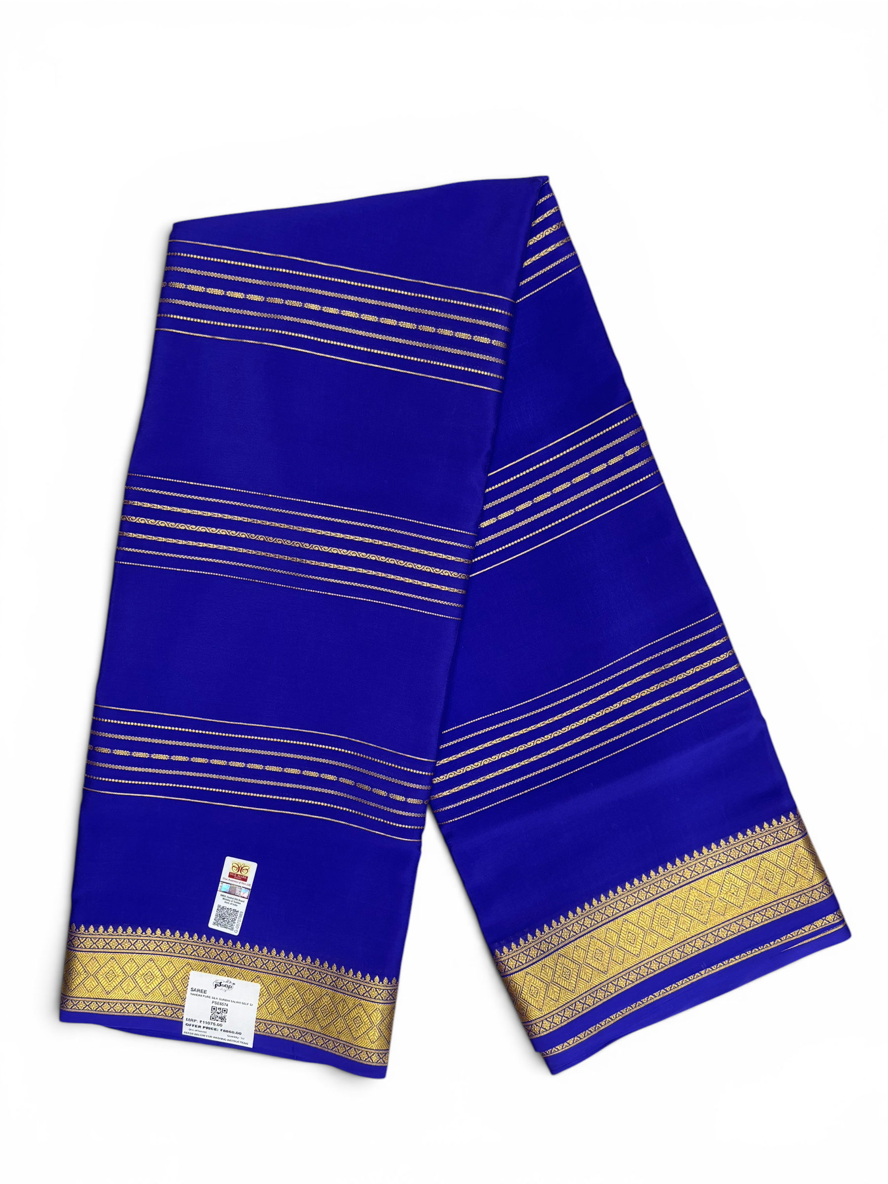 Pure Crepe Silk Royal Blue Self 7DH Lines Saree w/  Silk Mark (PSE6574)
