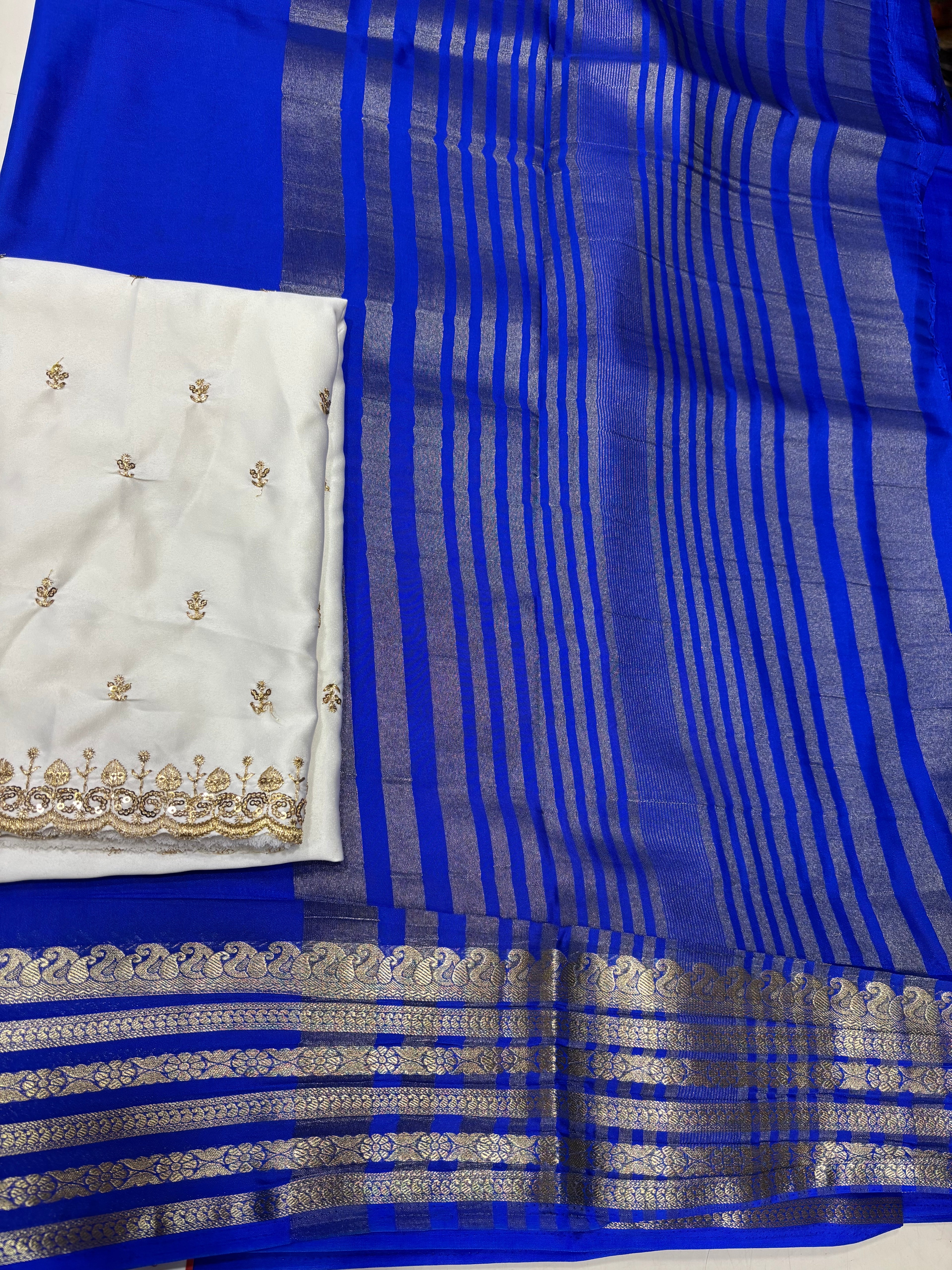 Nandini Crepe Royal Blue 6 Lines Combo Saree (NHM4894)