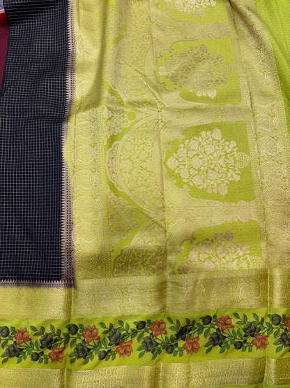 Black &amp; Radium Green Chex Semi Crepe Silk Saree (NHM4373)