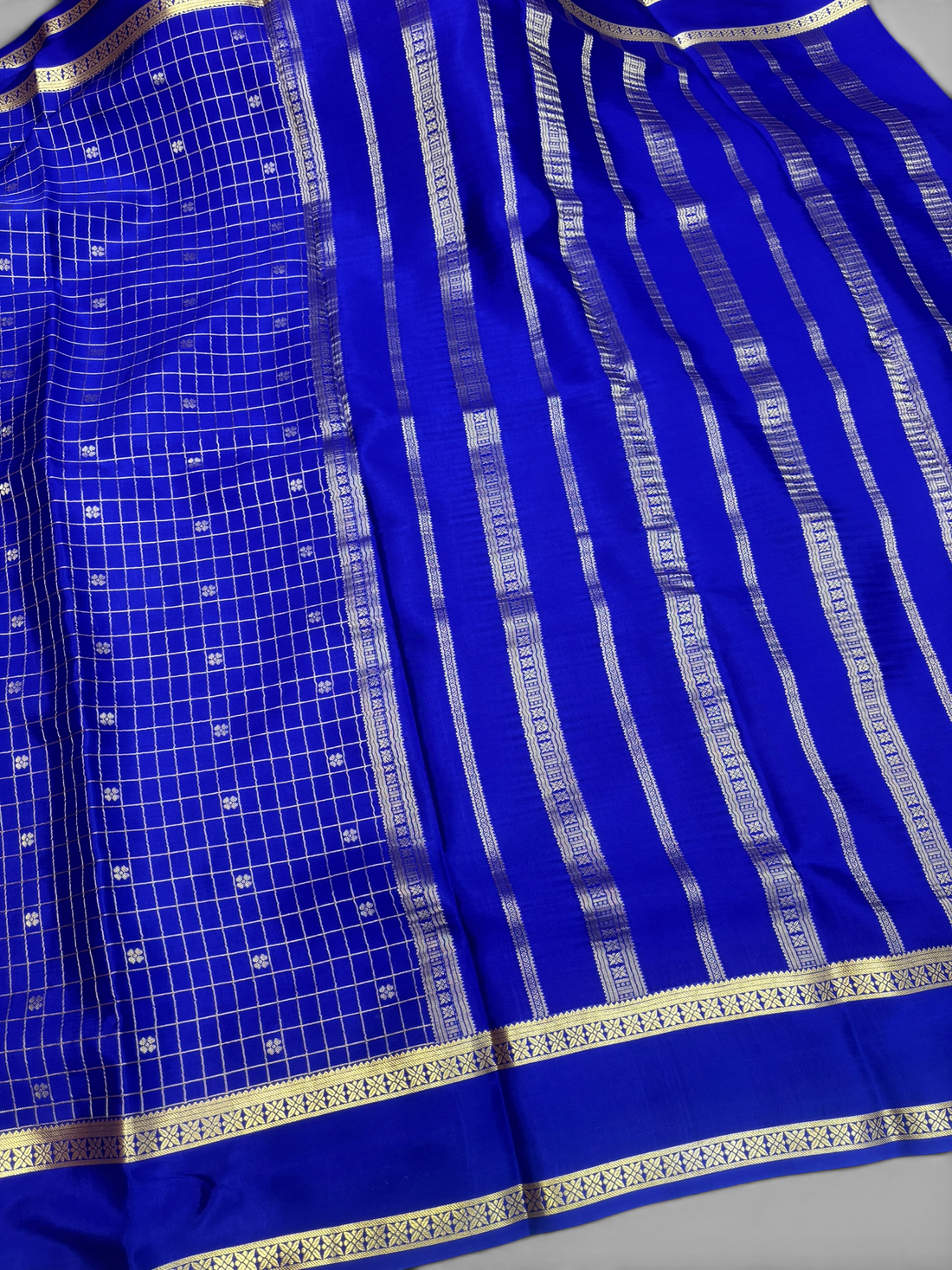Pure Crepe Silk Chex Royal Blue Saree with Bentex Border w/  Silk Mark (PSE6958)