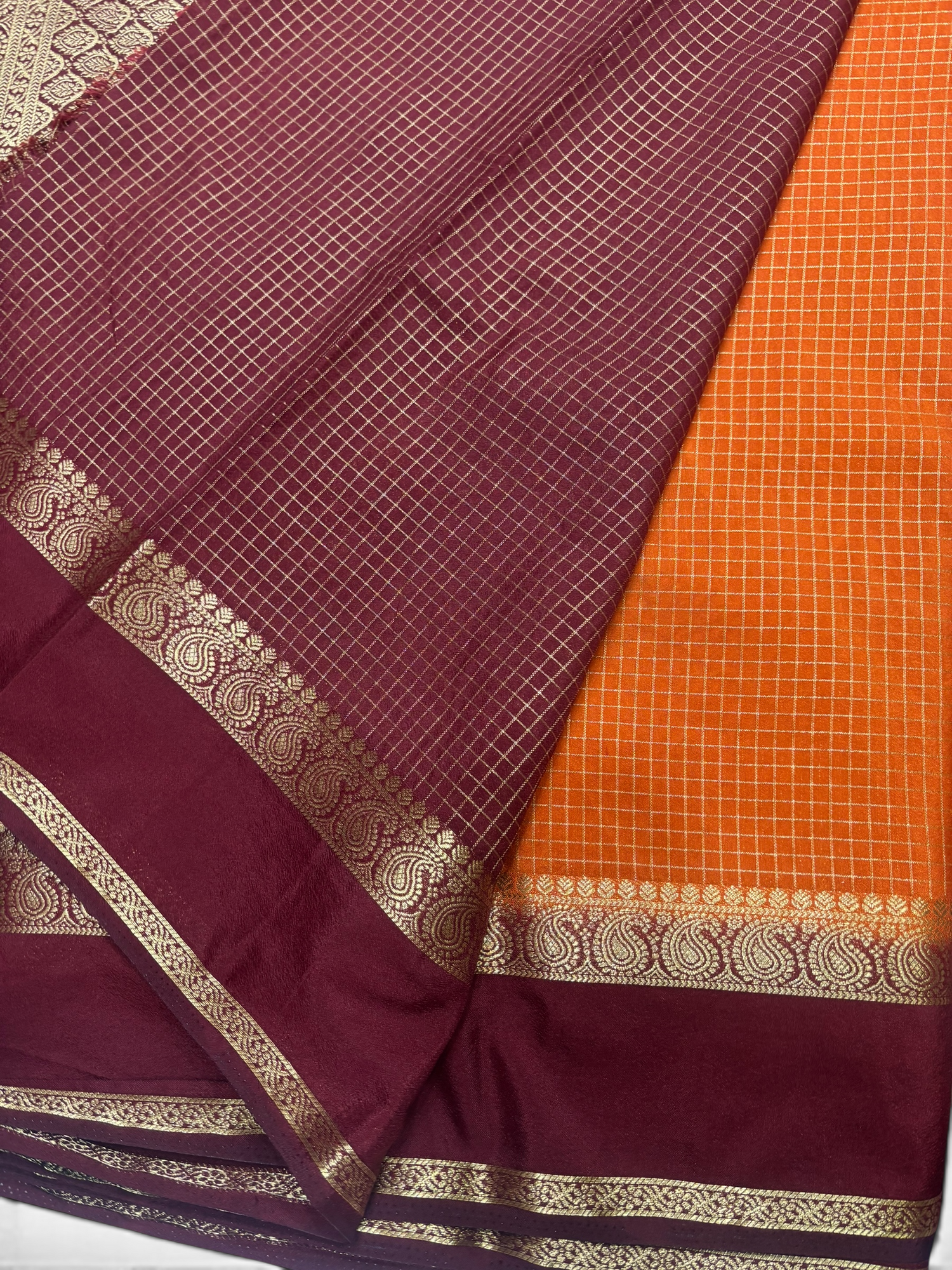 Nandini Silk Rust Orange &amp; Maroon Chex Crape Saree (NHM7052)