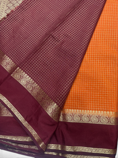 Nandini Silk Rust Orange &amp; Maroon Chex Crape Saree (NHM7052)