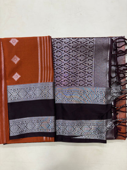 Rust Orange &amp; Dark Brown Sift Semi Silk Saree (SMS5606)