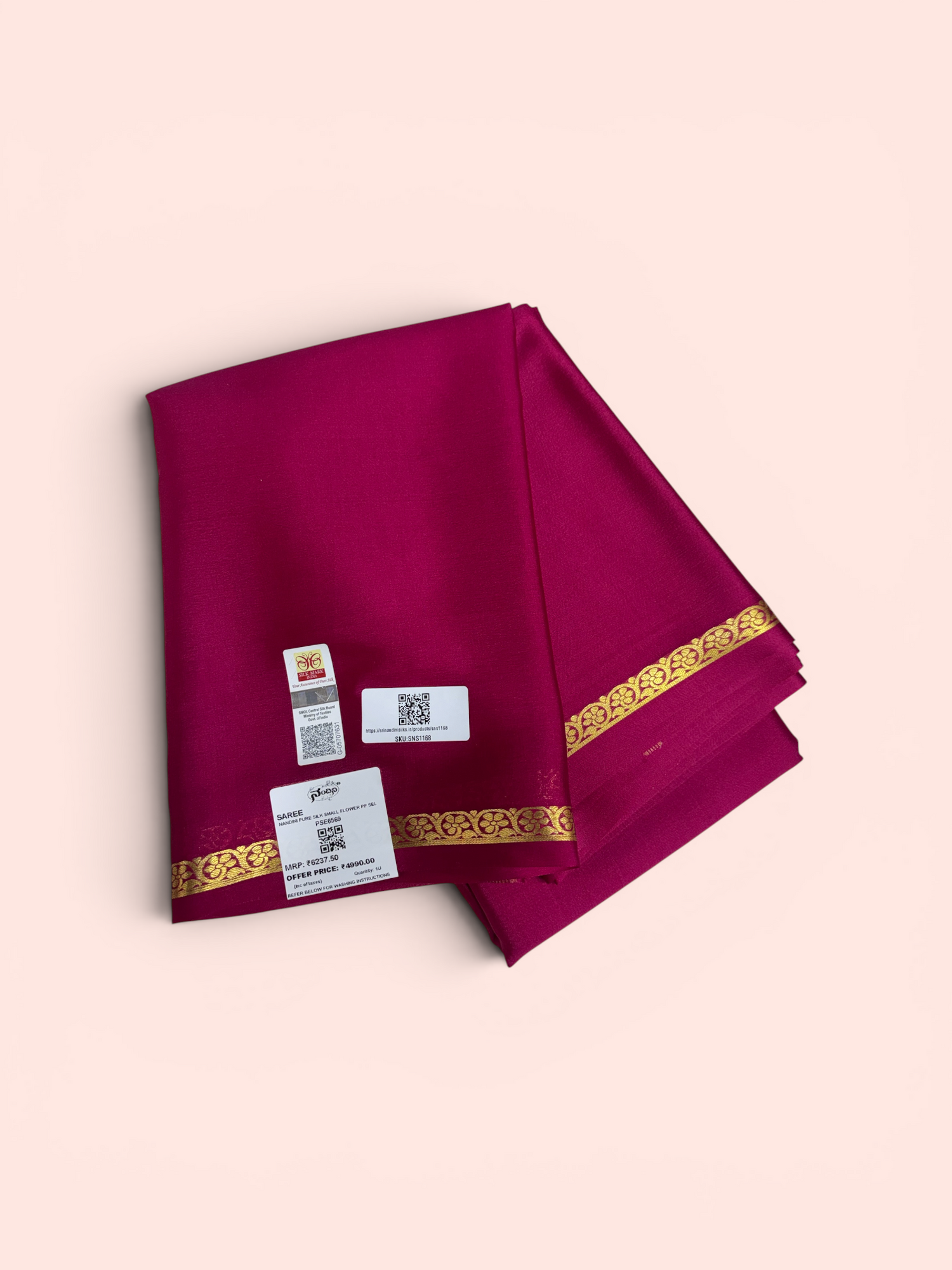 Pure Crepe Silk Magenta Saree with Ornate Border w/ Silk Mark