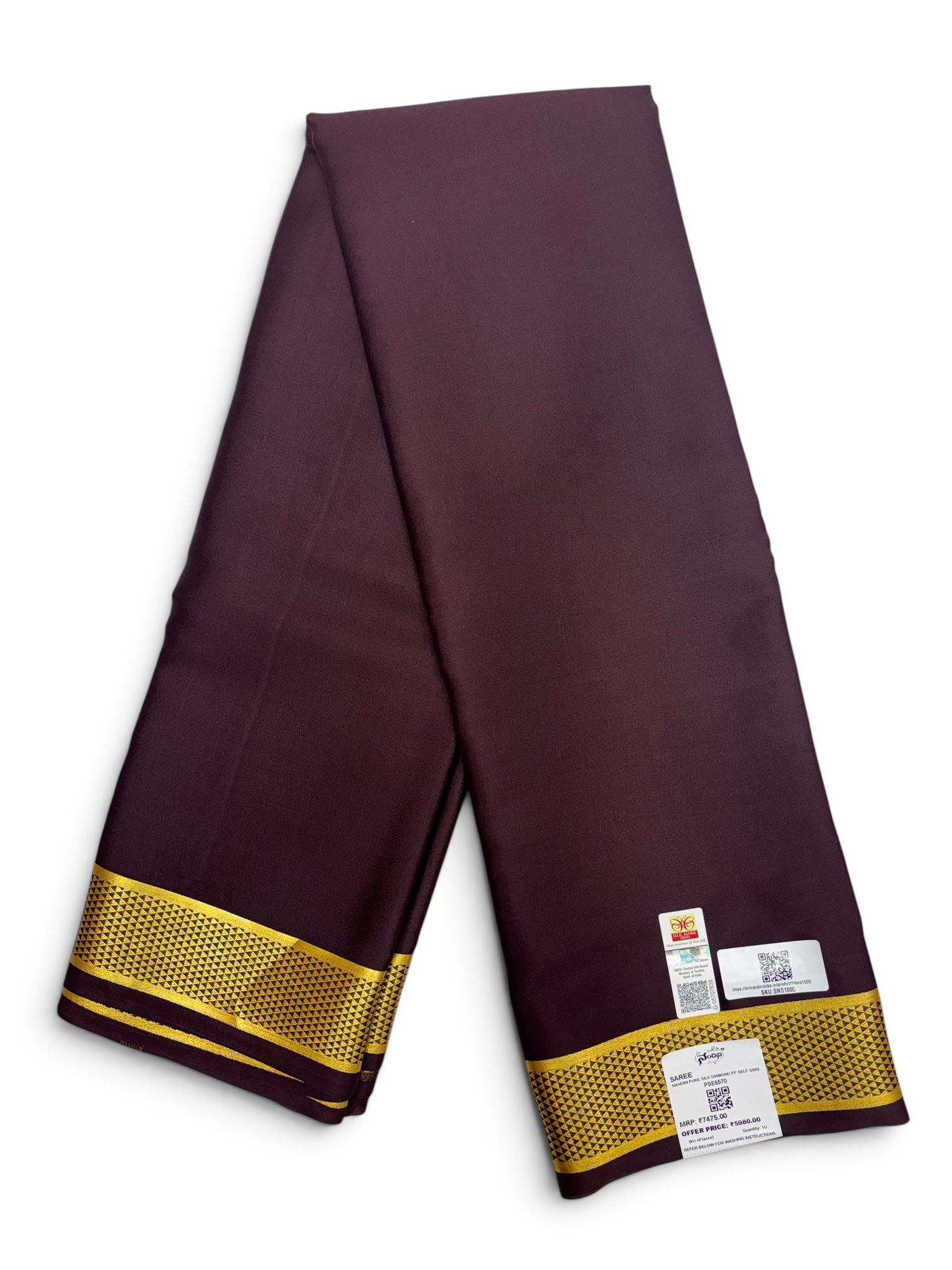 Pure Crepe Silk Brown Saree with Diamond Border w/ Silk Mark