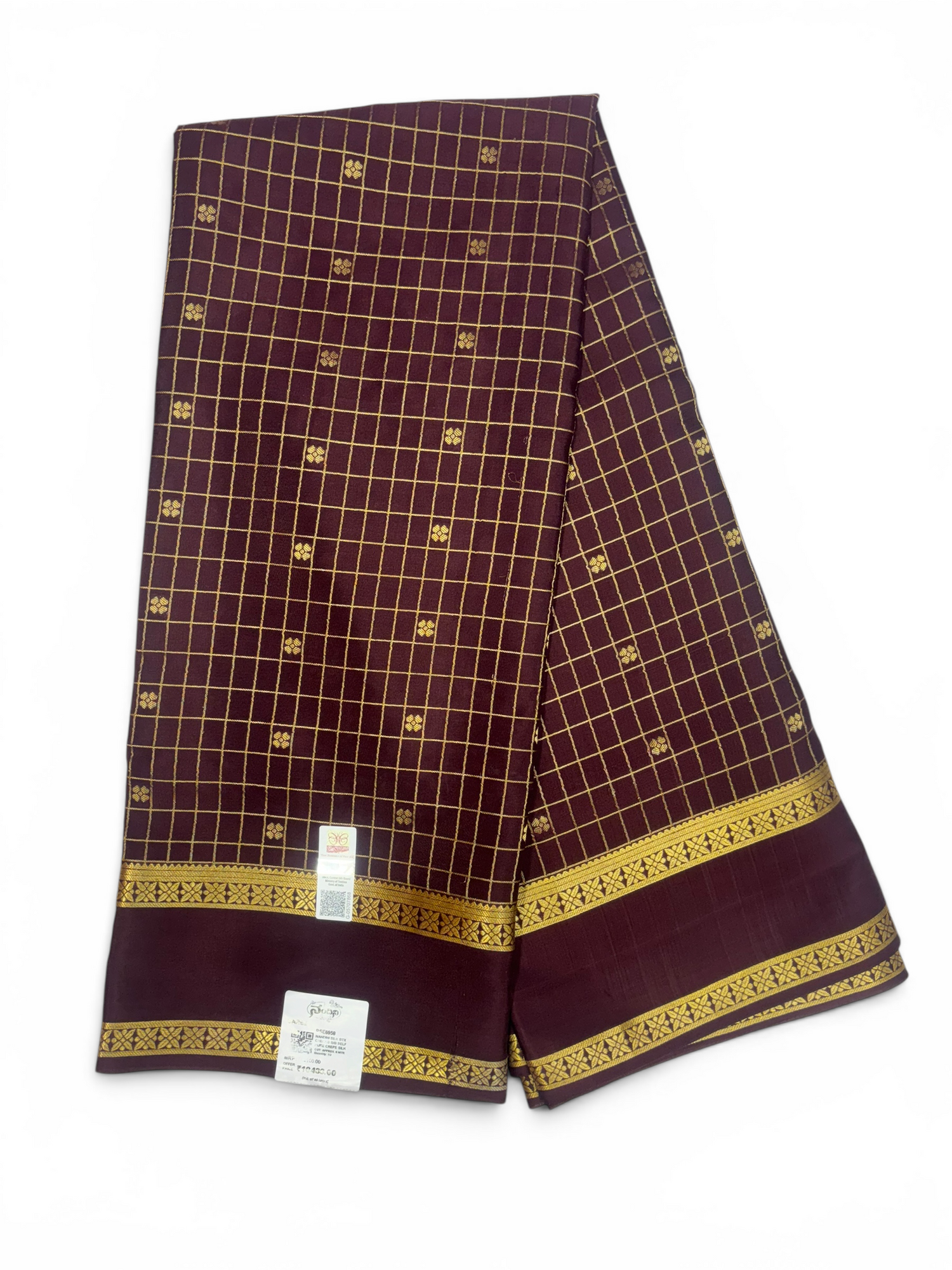 Pure Crepe Silk Chex Brown Saree with Bentex Border w/  Silk Mark (PSE6958)
