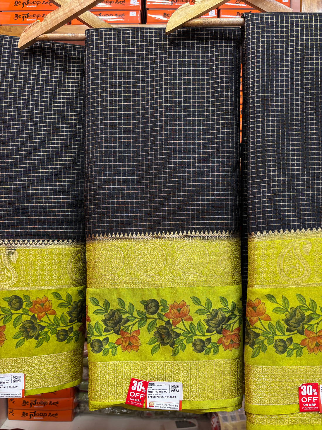 Black &amp; Radium Green Chex Semi Crepe Silk Saree (NHM4373)