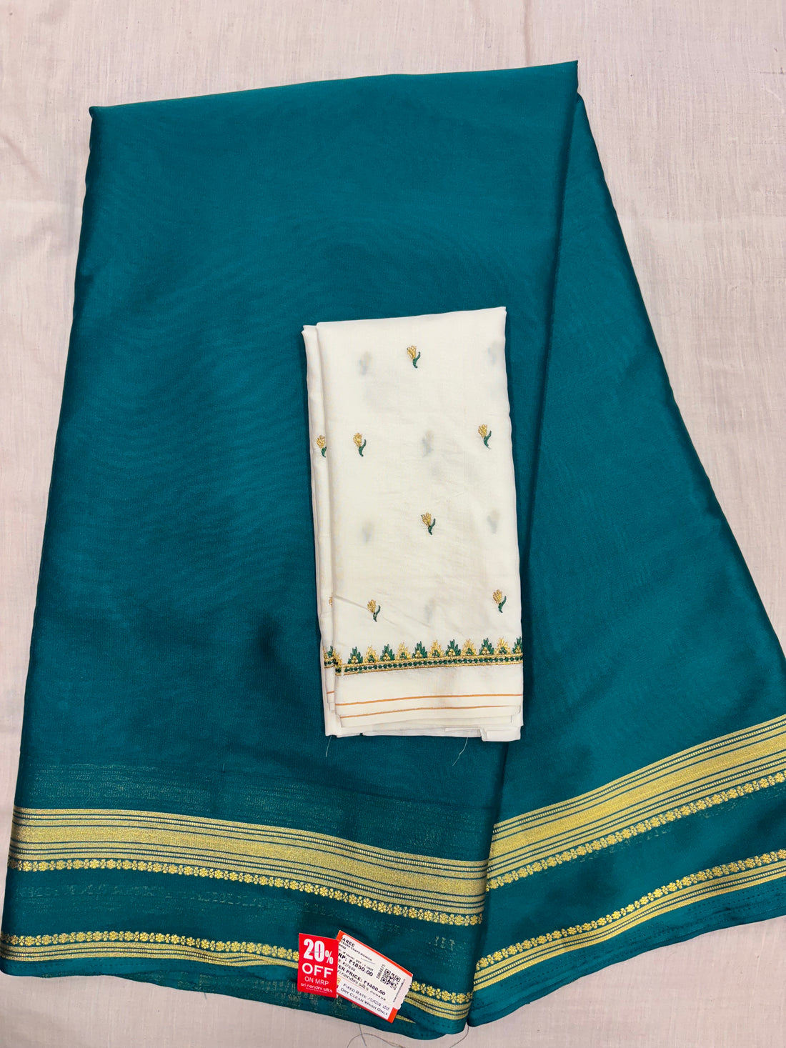 Teal Green Combo Semi Crepe Silk Saree (SMI4675)