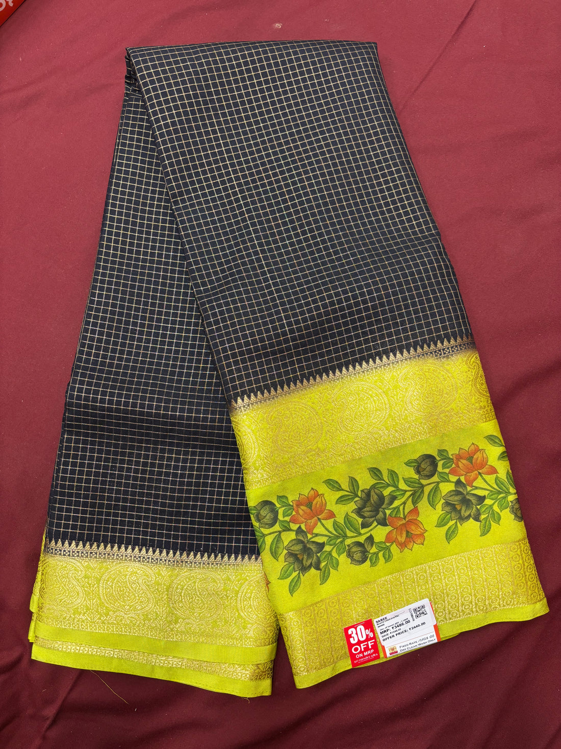 Black &amp; Radium Green Chex Semi Crepe Silk Saree (NHM4373)