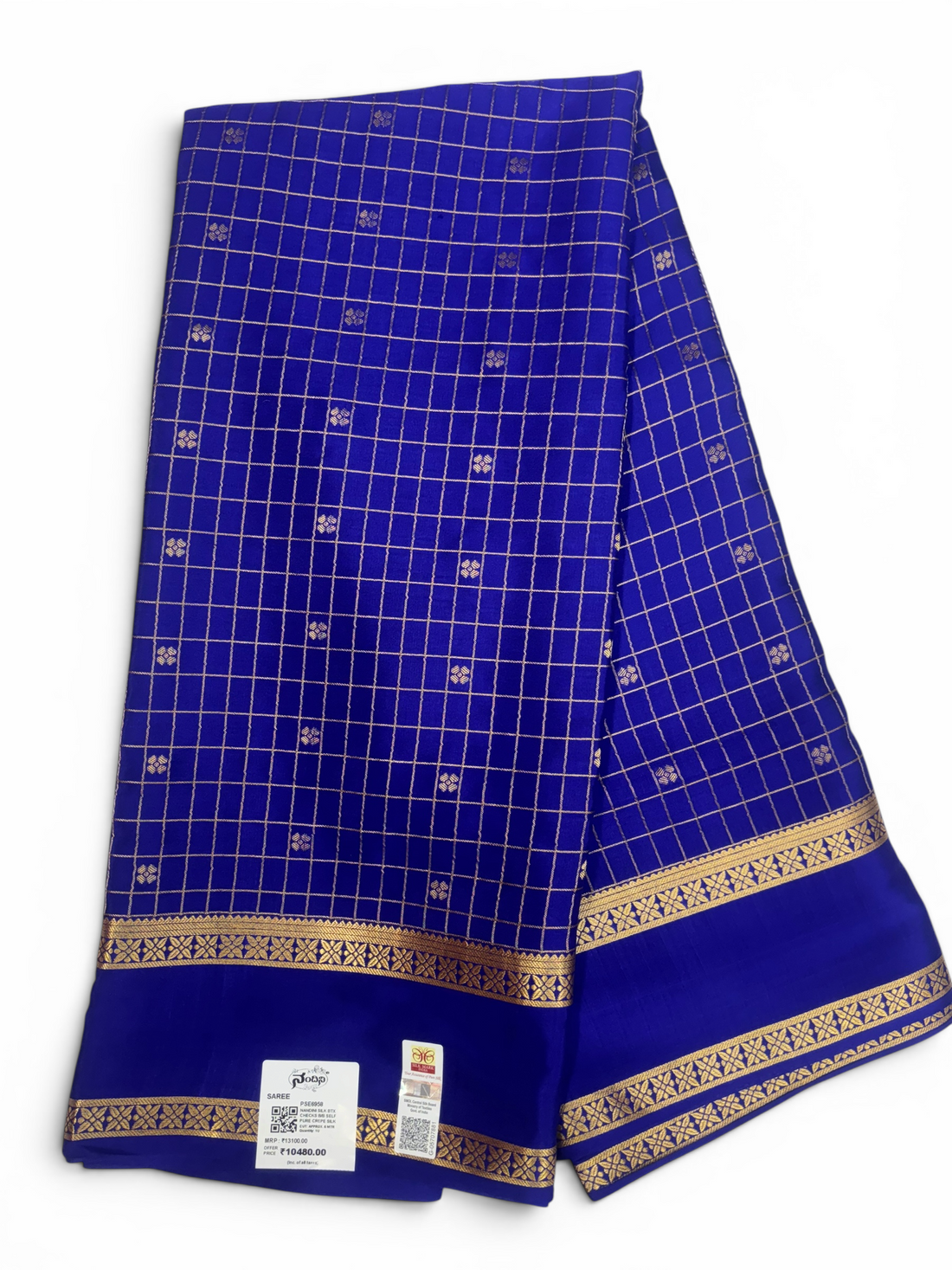 Pure Crepe Silk Chex Royal Blue Saree with Bentex Border w/  Silk Mark (PSE6958)