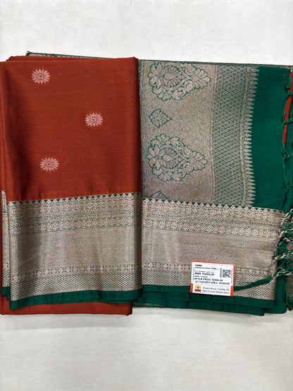Rust Orange &amp; Green Sift Semi Silk Saree (SMS5603)