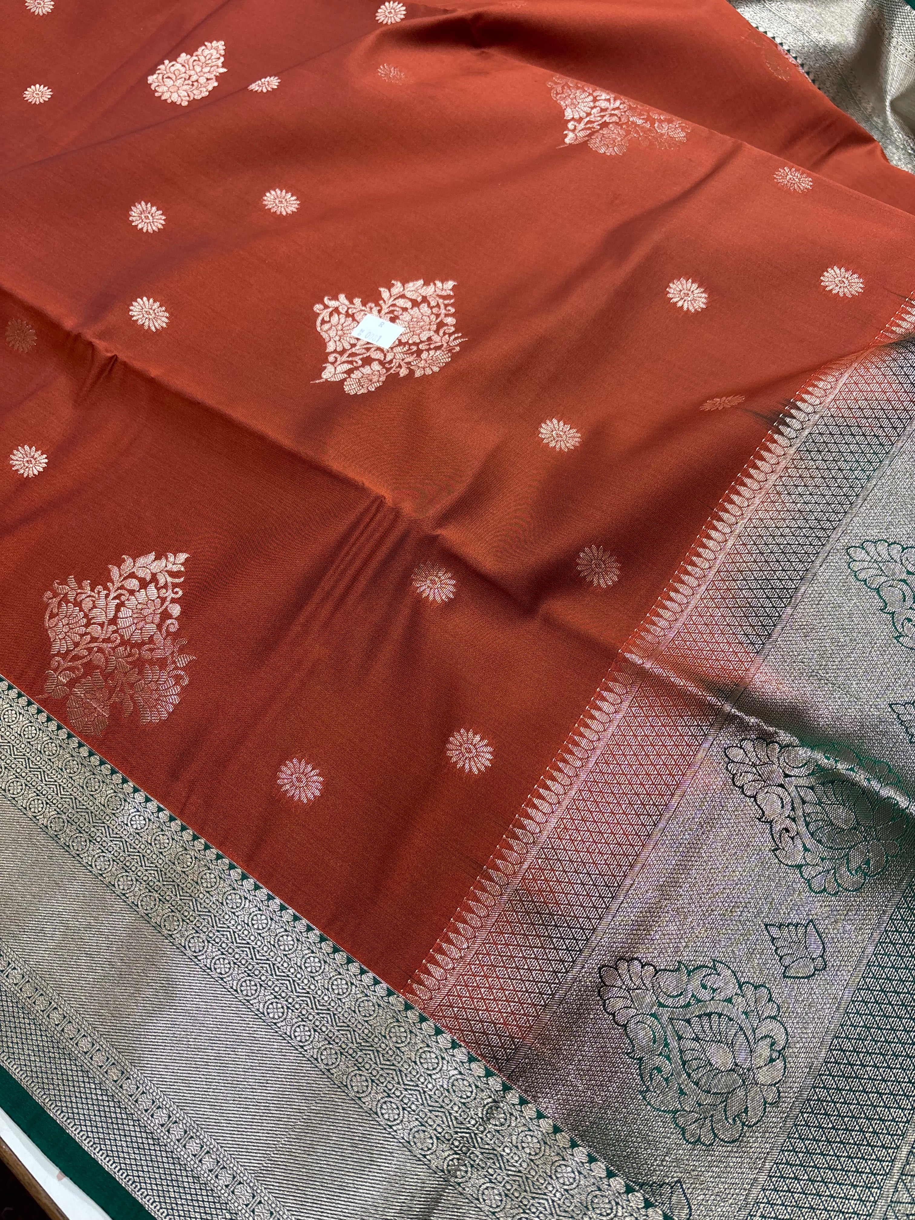 Rust Orange &amp; Green Sift Semi Silk Saree (SMS5603)