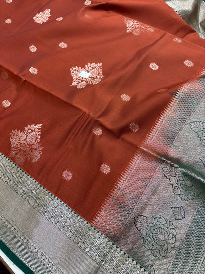 Rust Orange &amp; Green Sift Semi Silk Saree (SMS5603)