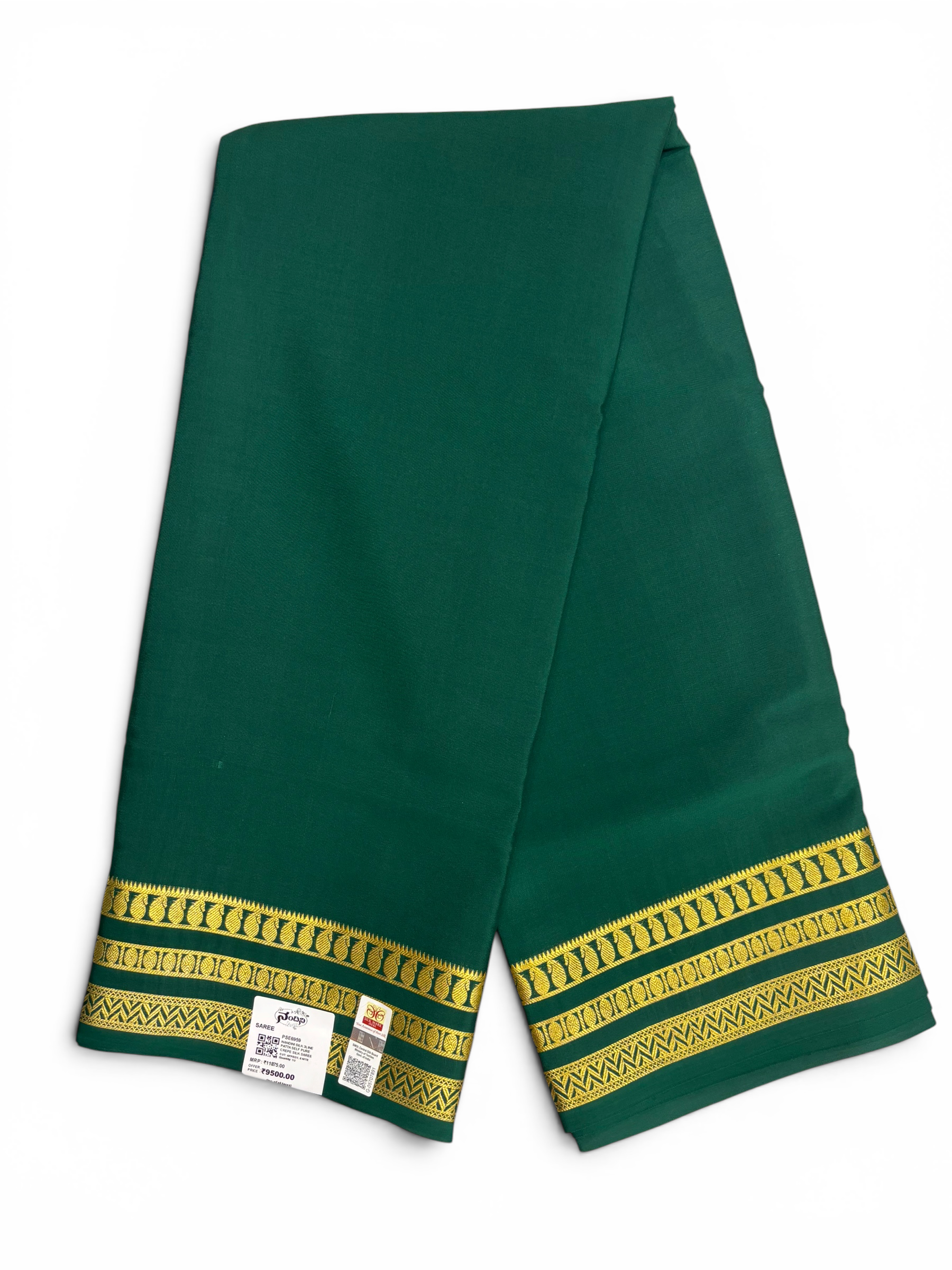 Pure Crepe Silk Green Self Saree w/  Silk Mark (PSE6959)