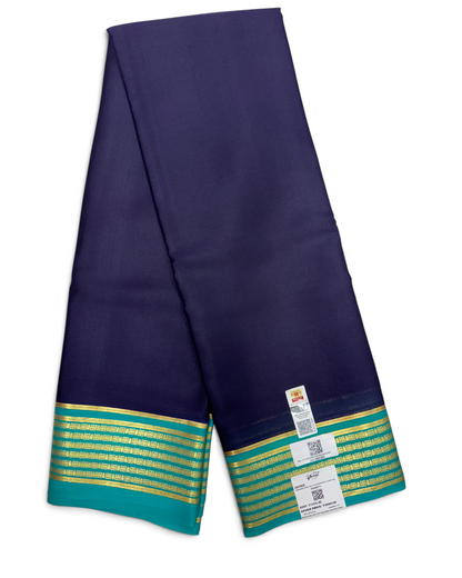 Pure Crepe Silk Navy Blue &amp; Cyan Contrast Saree w/ Silk Mark