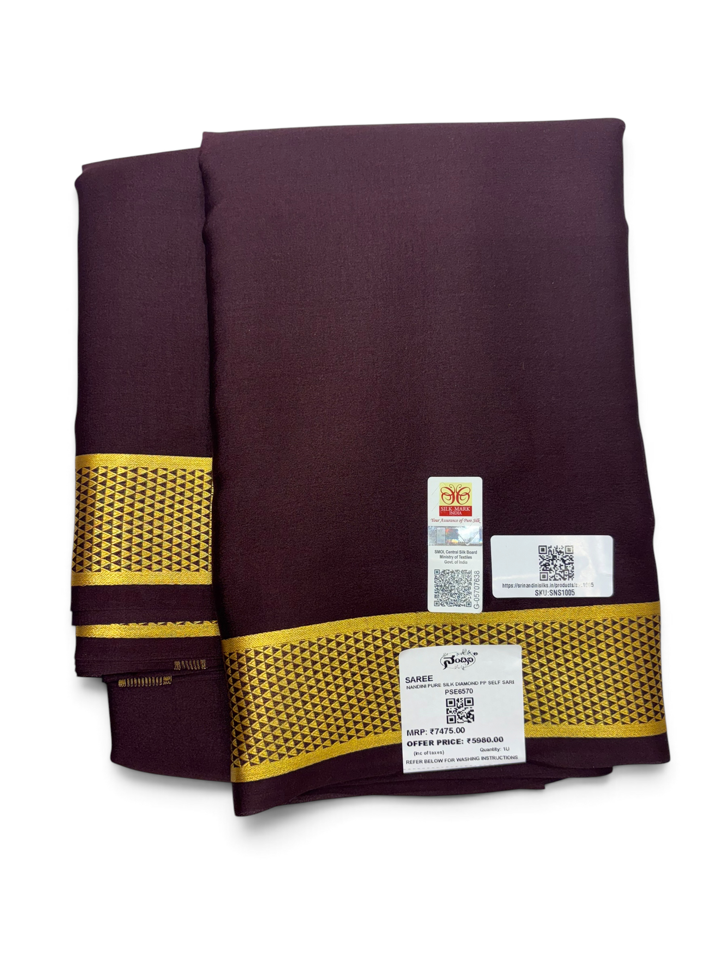 Pure Crepe Silk Brown Saree with Diamond Border w/ Silk Mark