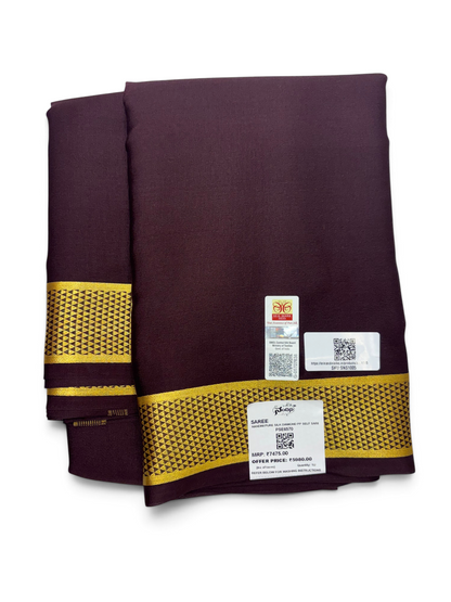 Pure Crepe Silk Brown Saree with Diamond Border w/ Silk Mark