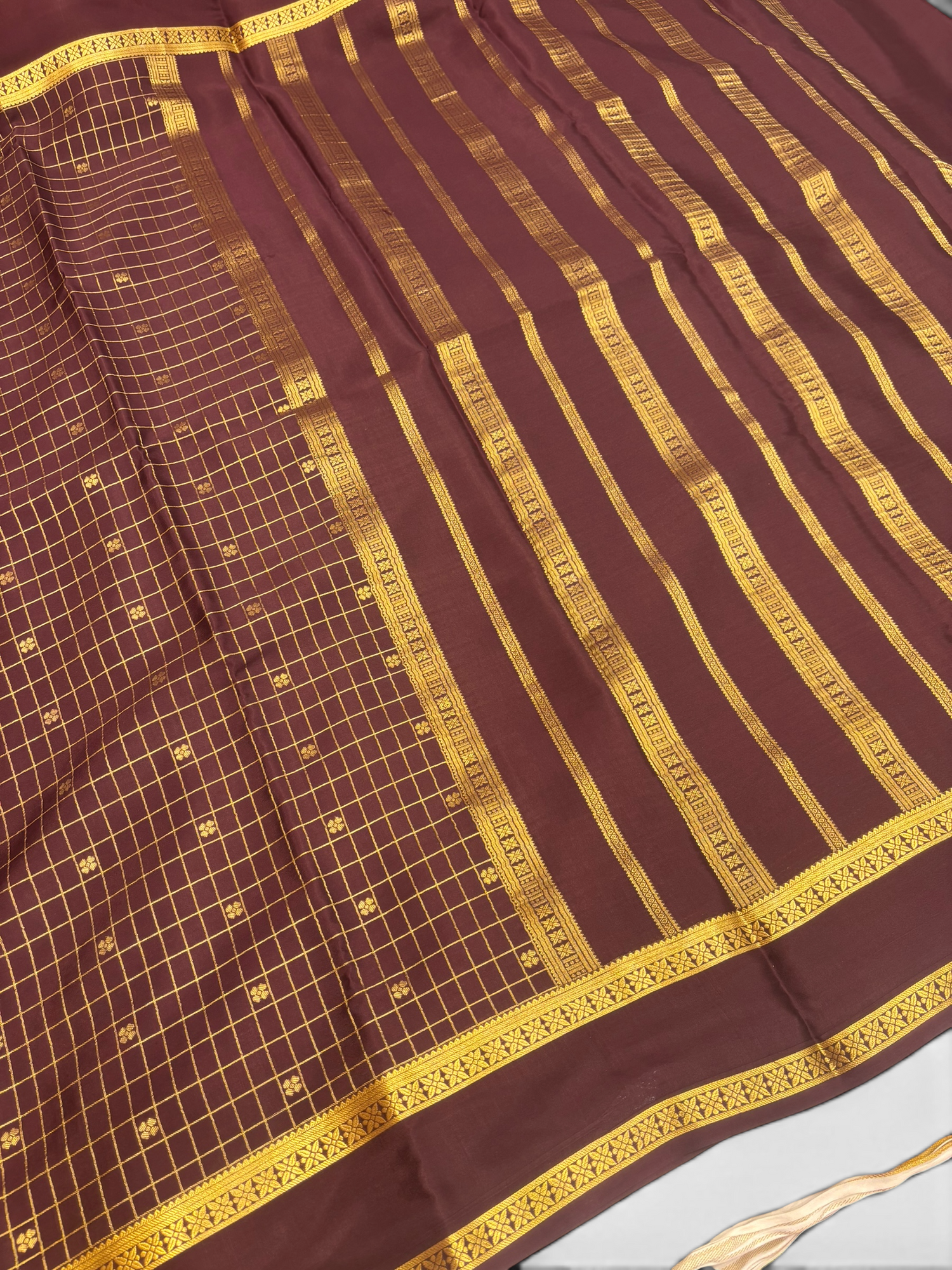 Pure Crepe Silk Chex Brown Saree with Bentex Border w/  Silk Mark (PSE6958)