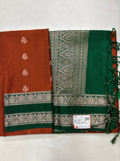 Rust Orange &amp; Green Sift Semi Silk Saree (SMS5607)