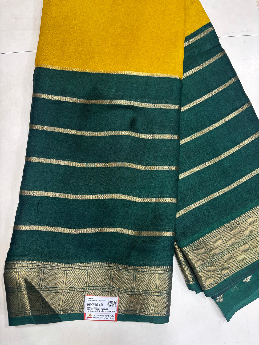 Green &amp; Golden Yellow Washable Semi Crepe Silk Saree (NHM5174)