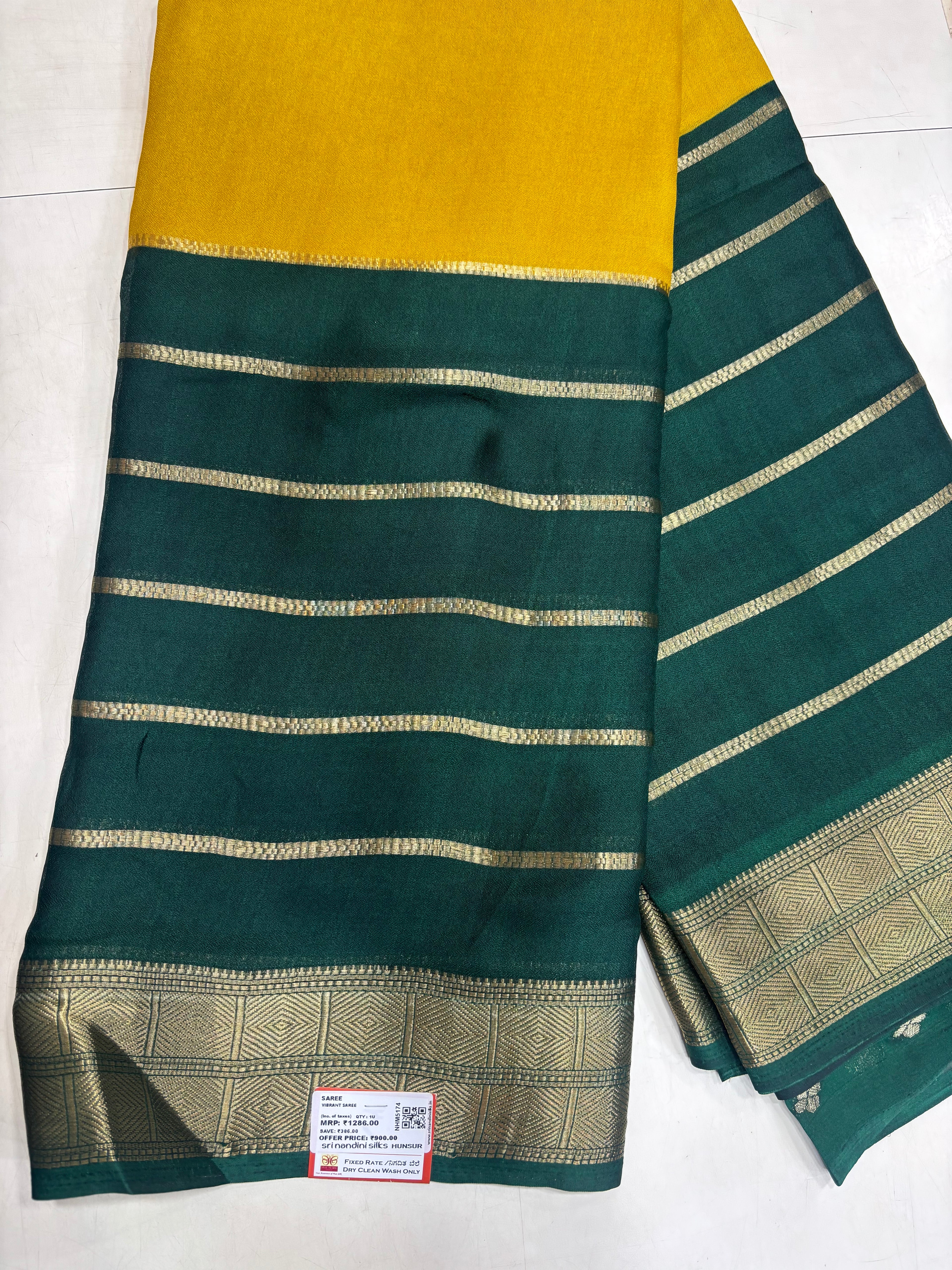Green &amp; Golden Yellow Washable Semi Crepe Silk Saree (NHM5174)