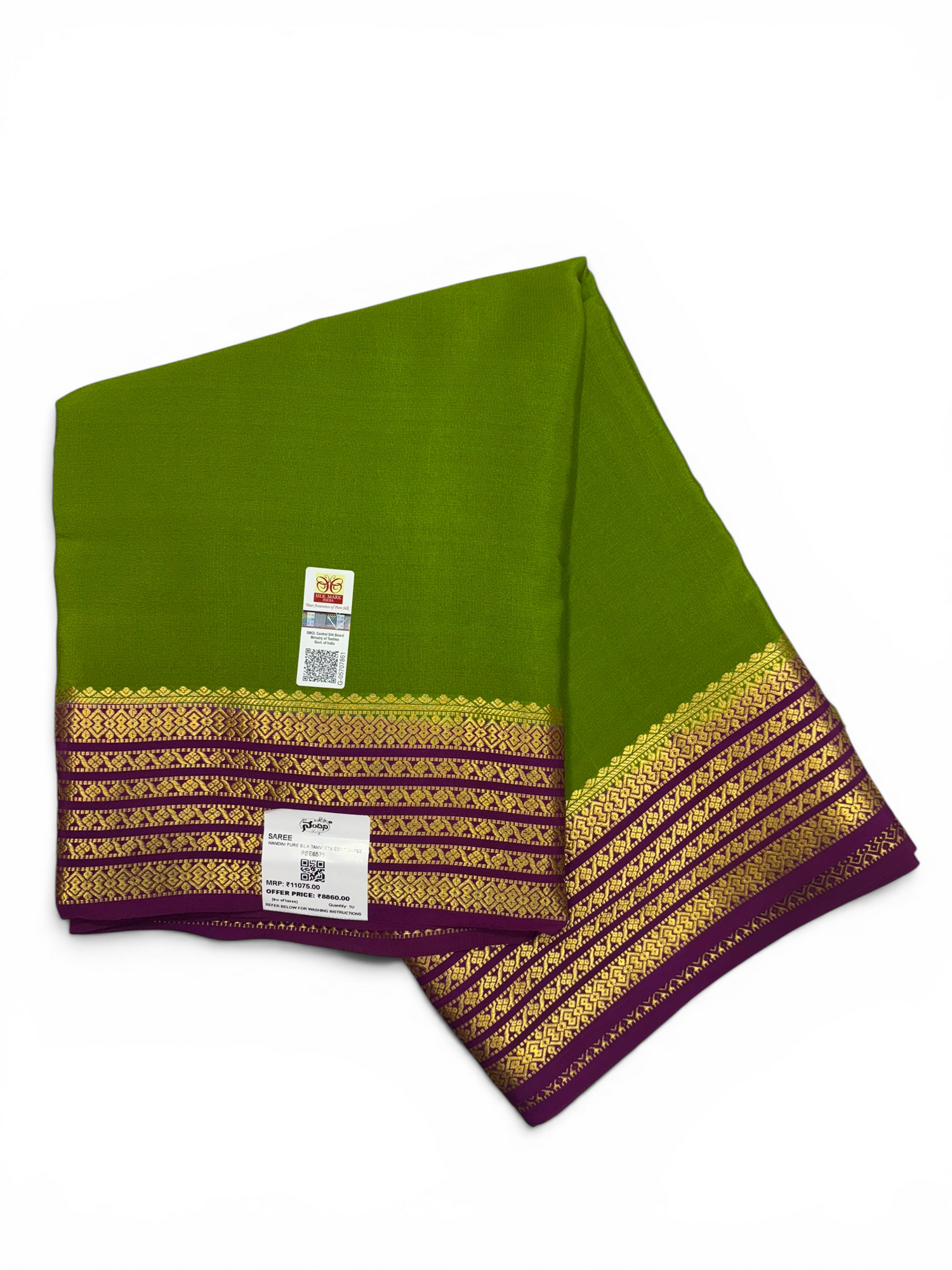 Pure Crepe Silk Olive Green Contrast Saree w/  Silk Mark (PSE6575)
