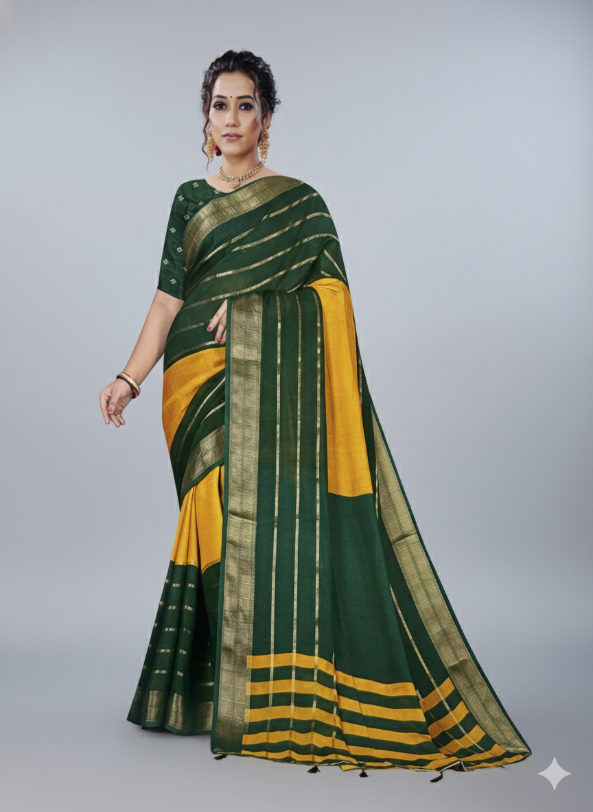 Green &amp; Golden Yellow Washable Semi Crepe Silk Saree (NHM5174)