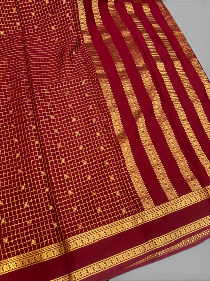 Pure Crepe Silk Chex Maroon Saree with Bentex Border w/  Silk Mark (PSE6958)