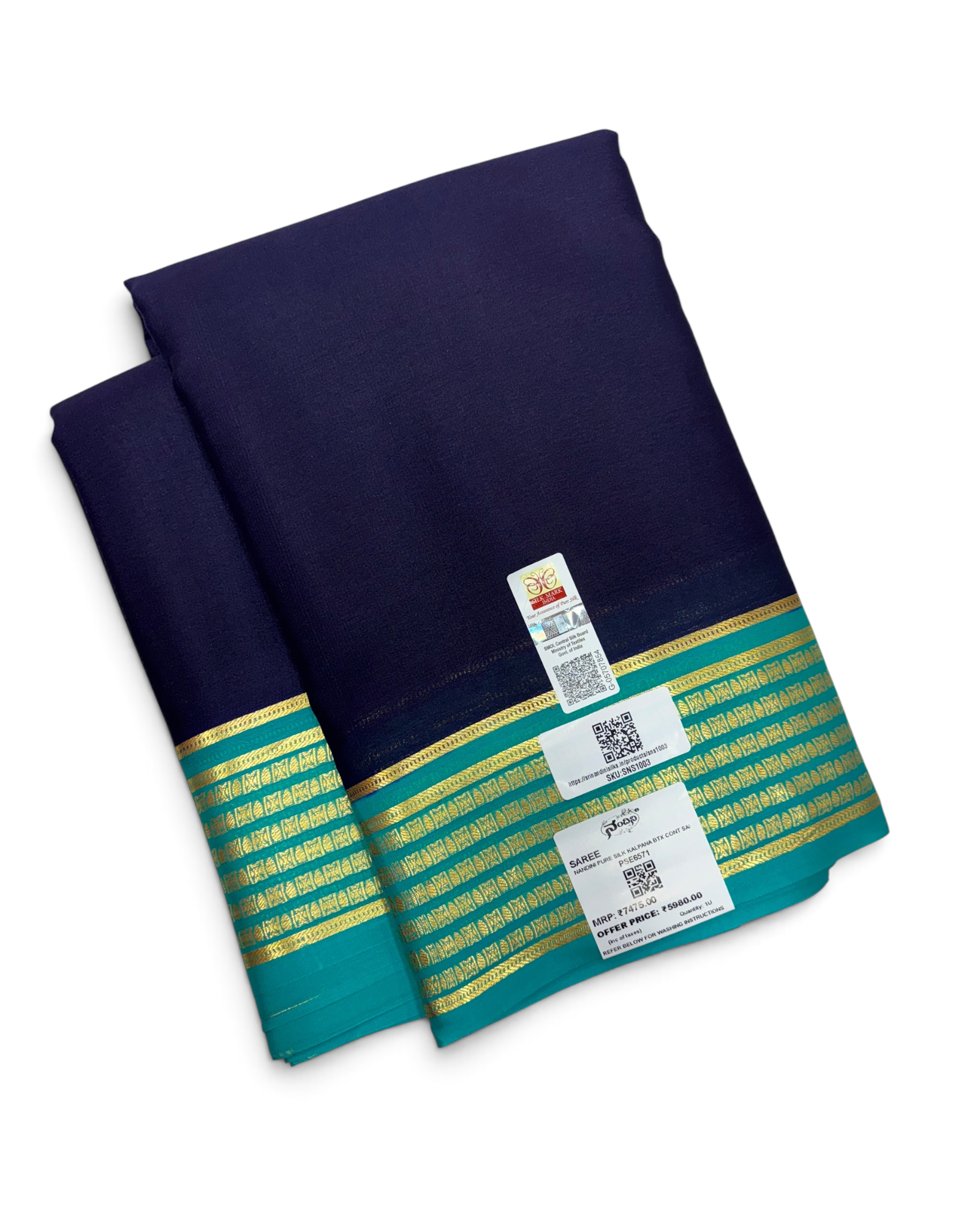 Pure Crepe Silk Navy Blue &amp; Cyan Contrast Saree w/ Silk Mark