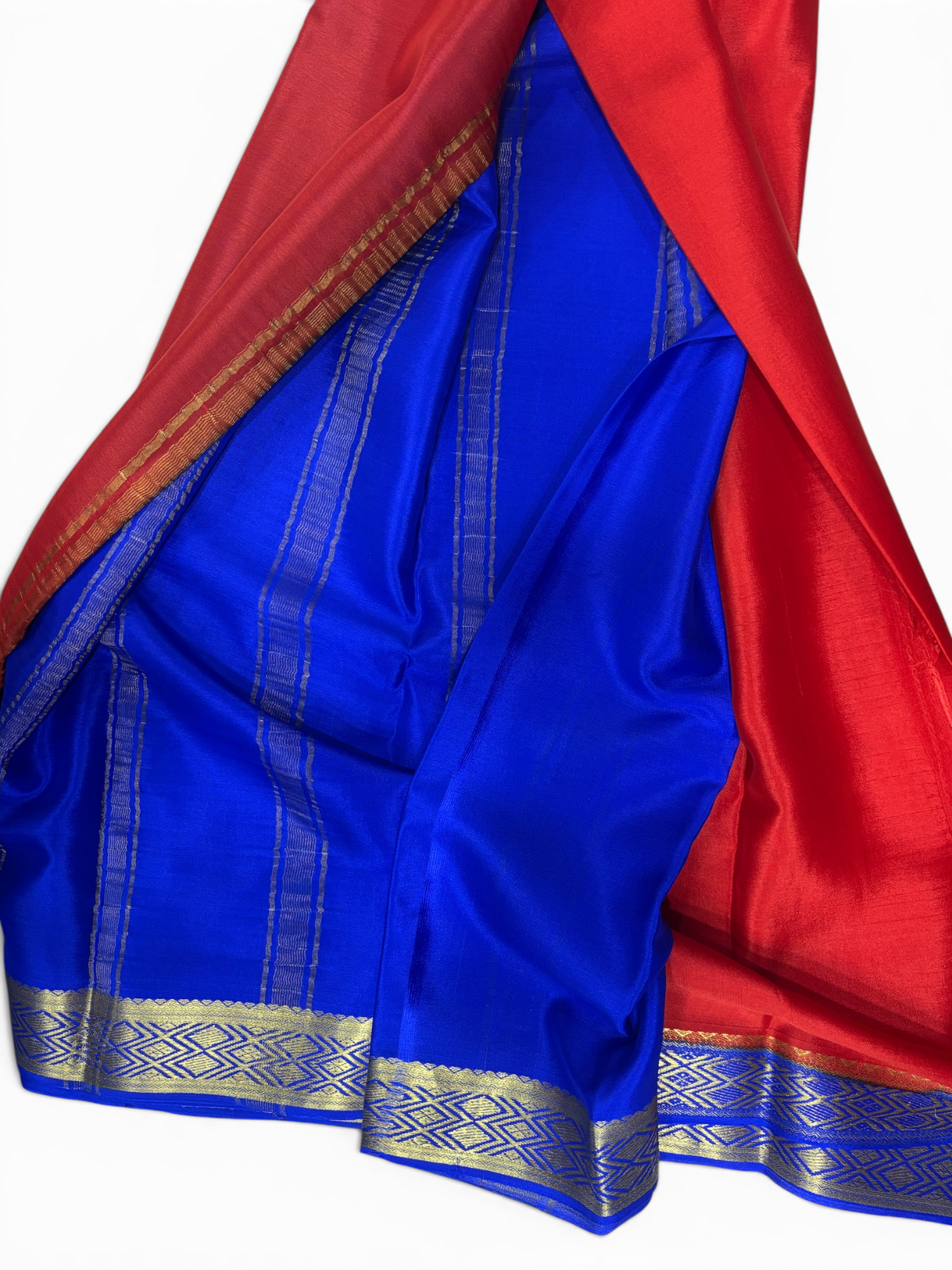 Pure Crepe Silk Red &amp; Royal Blue Contrast Saree w/ Silk Mark