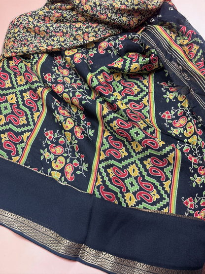 Flower Print Black Fancy Saree (NHM7050)