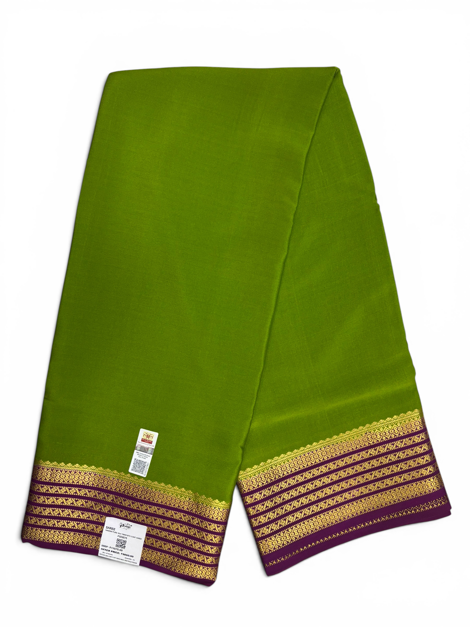 Pure Crepe Silk Olive Green Contrast Saree w/  Silk Mark (PSE6575)